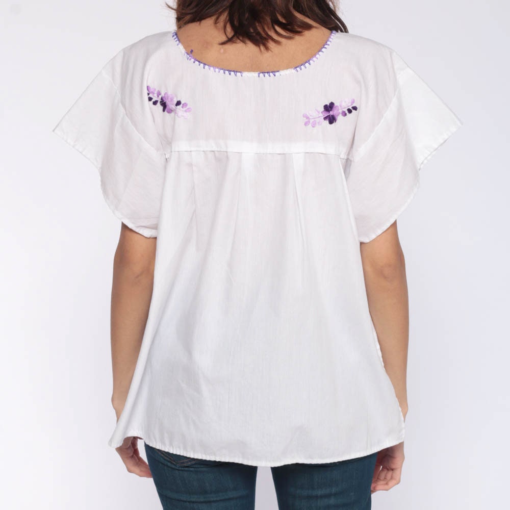 90s Mexican Embroidered Blouse Purple Floral Cotton Tunic Small Medium