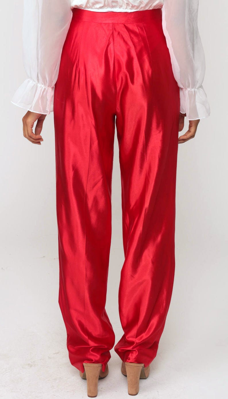 70s Red Disco Pants High Waisted Straight Leg Shiny Trousers Small