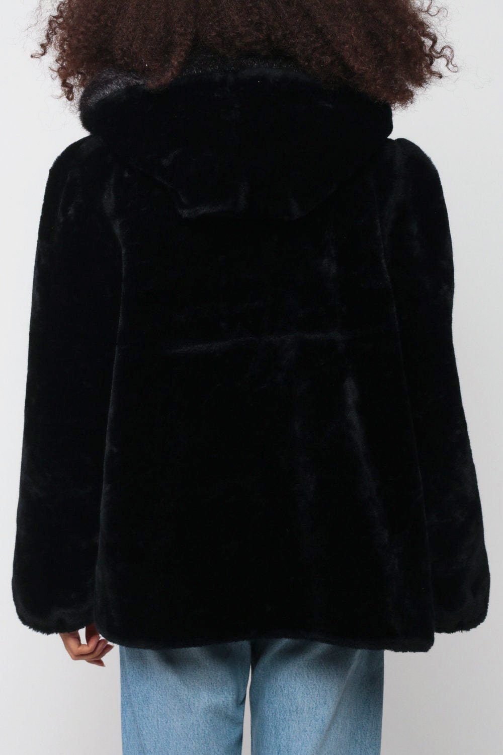 80s Black Faux Fur Hooded Jacket Zip Front Leather Trim Extra Large XXL