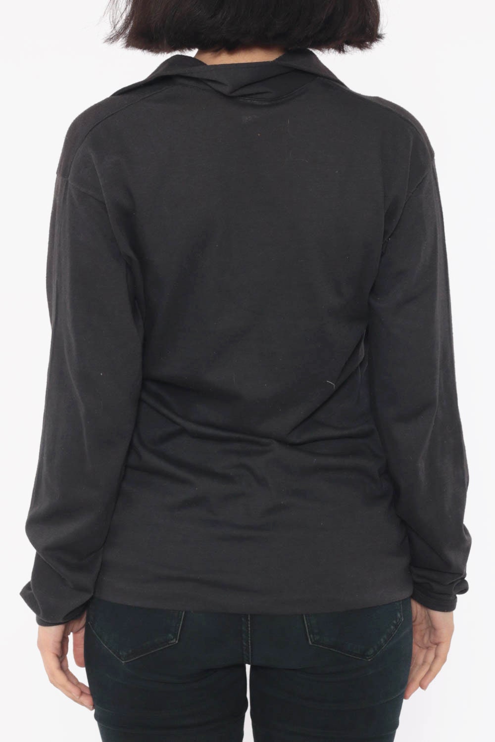 70s Esprit Black Embroidered Blouse V-Neck Collared Long Sleeve Medium