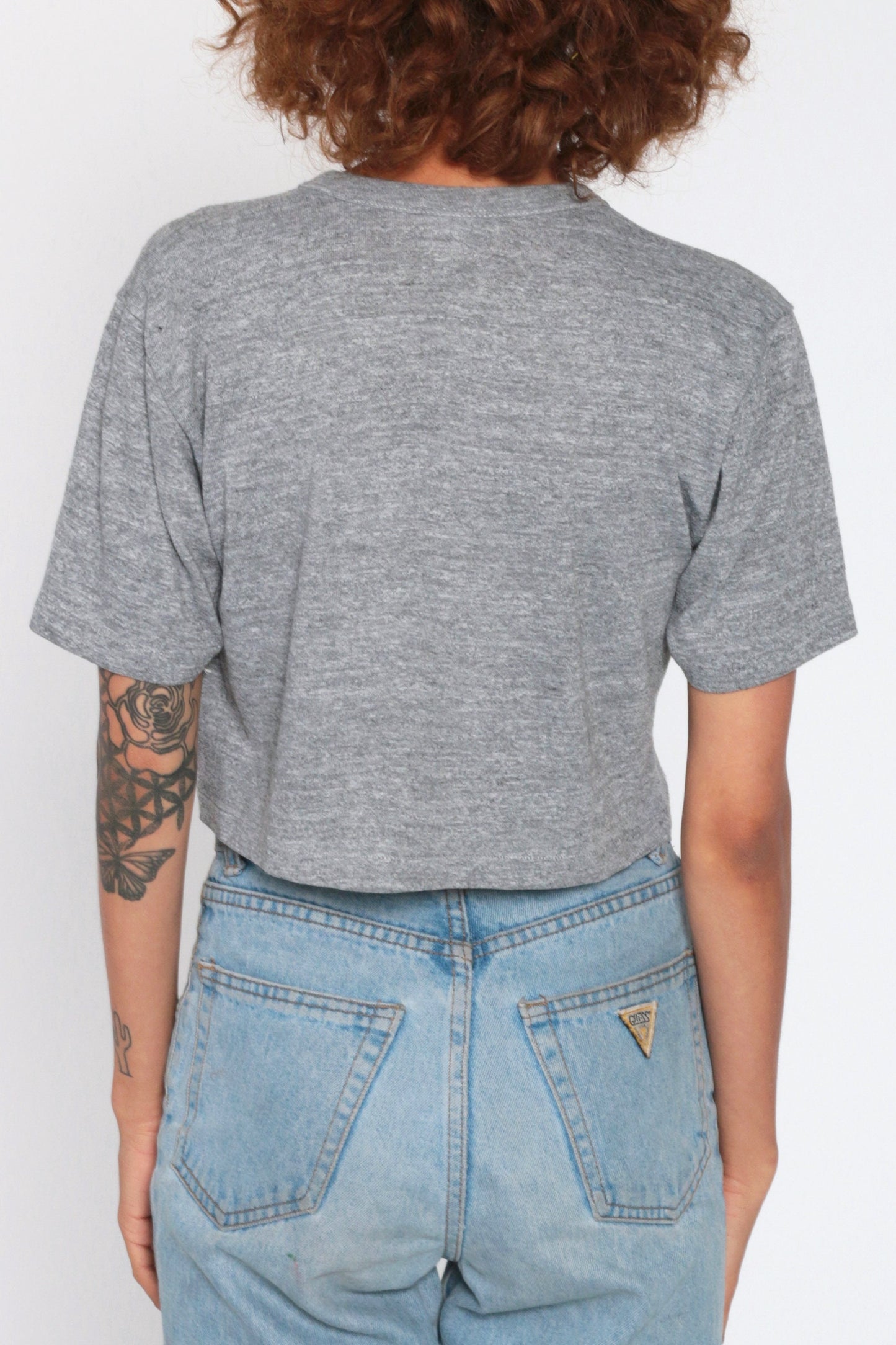 80s Galveston Beach Patrol Graphic Crop Top Grey Cotton Tee Extra Small