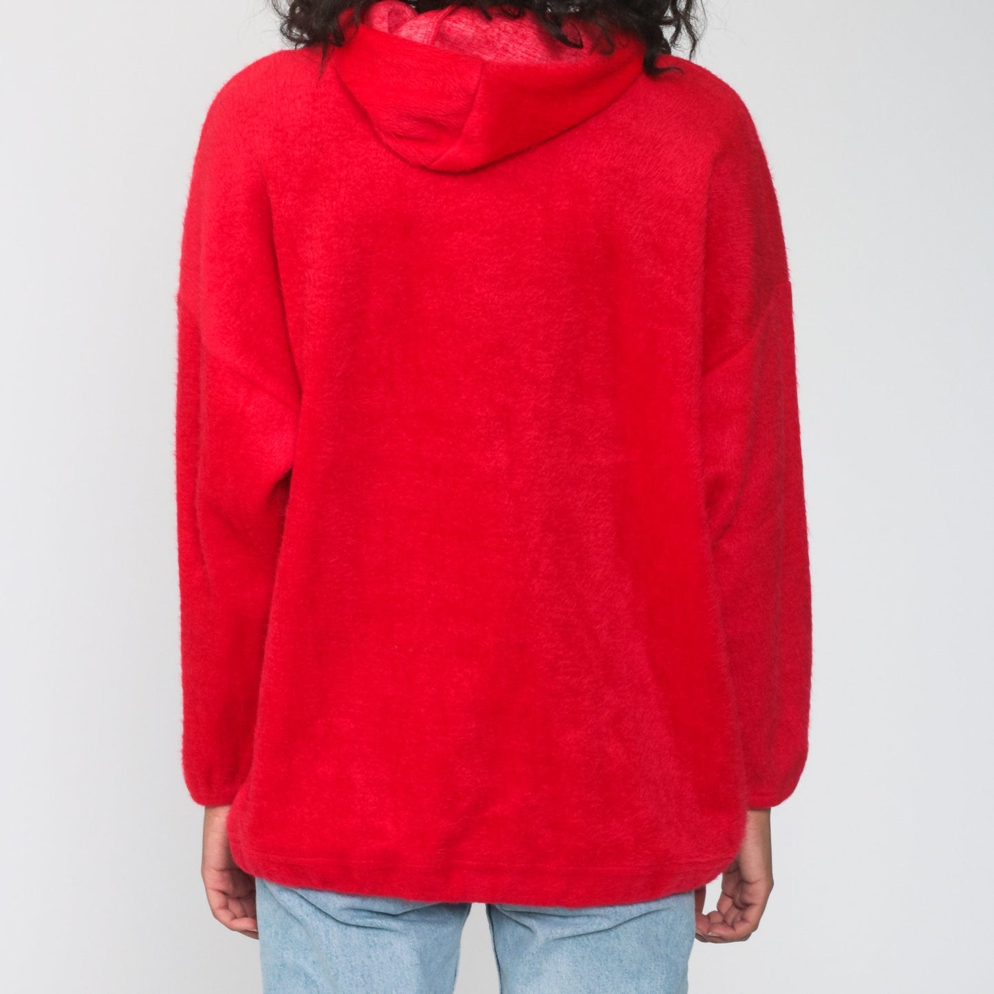 80s Red Fleece Hoodie Pullover Sweatshirt Medium