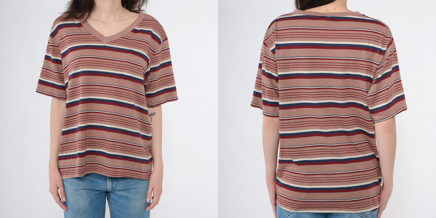 80s Striped V-Neck Tee Brown Red Navy Pocket T-Shirt Large L