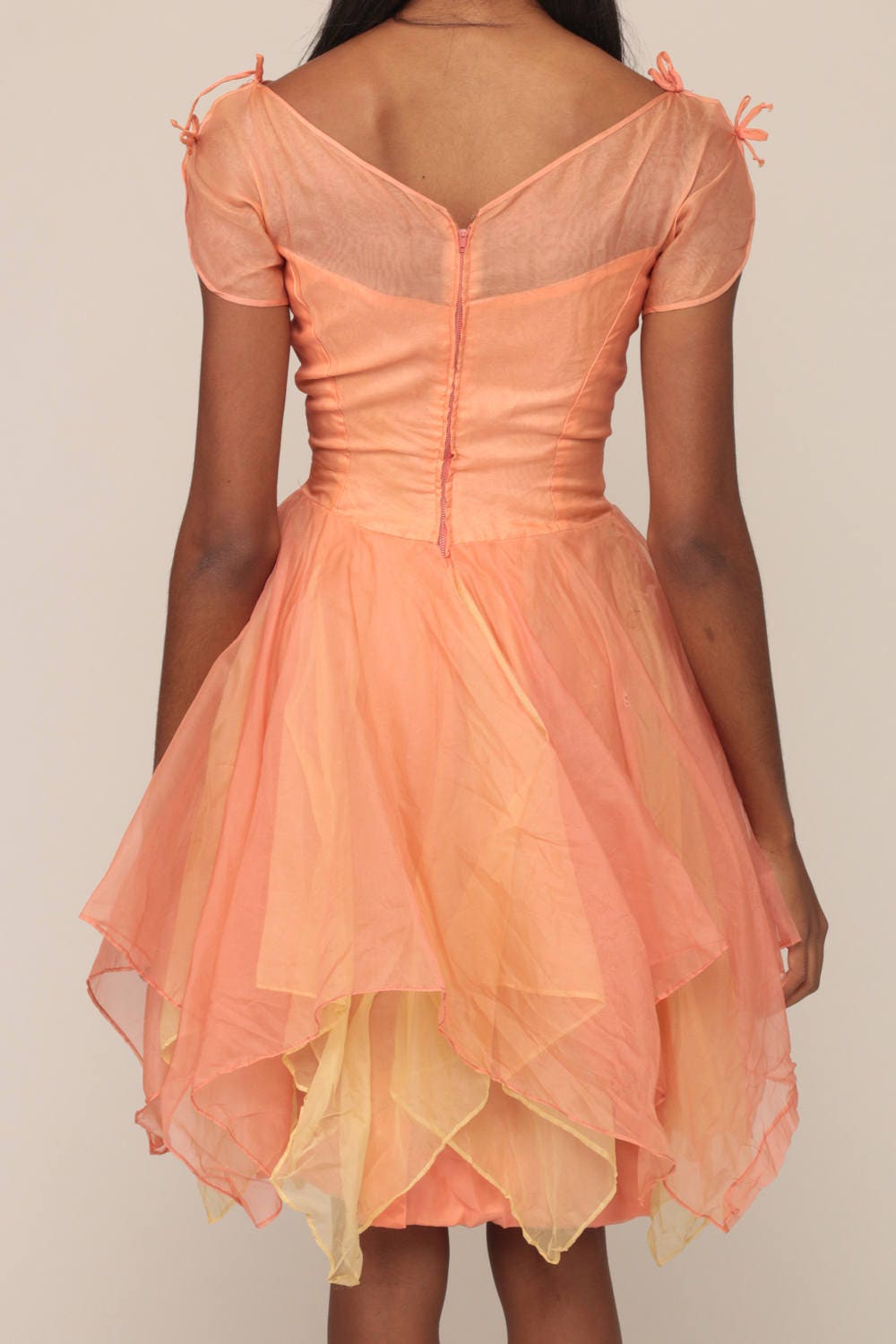 1950s Peach Chiffon Party Dress Illusion Neckline Mini Extra Small