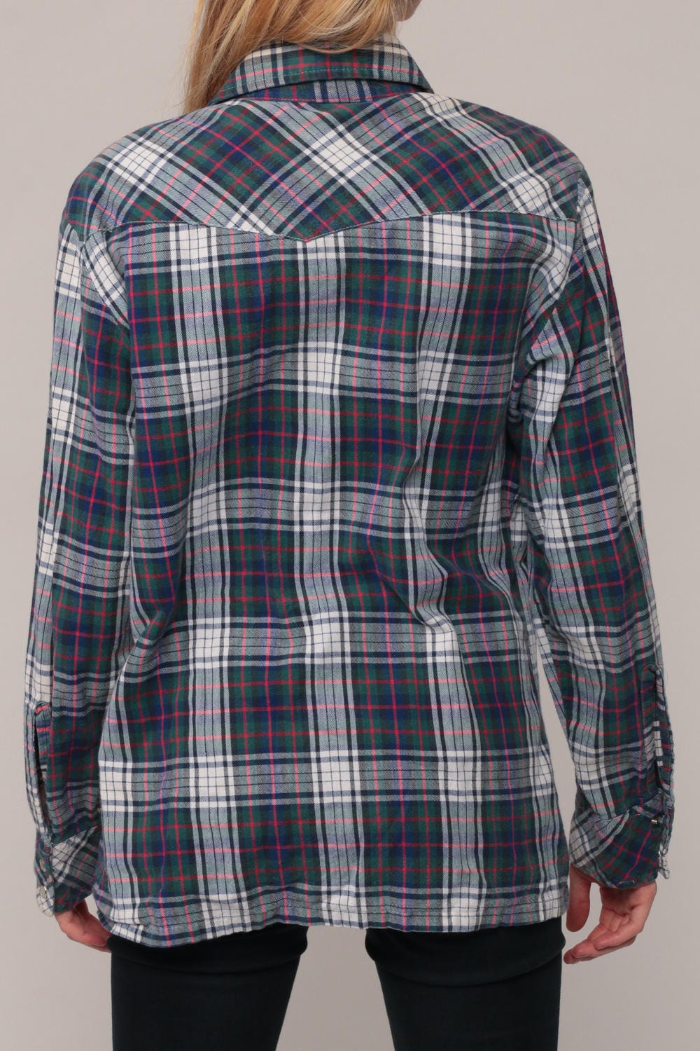 70s Wrangler Pearl Snap Western Shirt Plaid Blue Green Large
