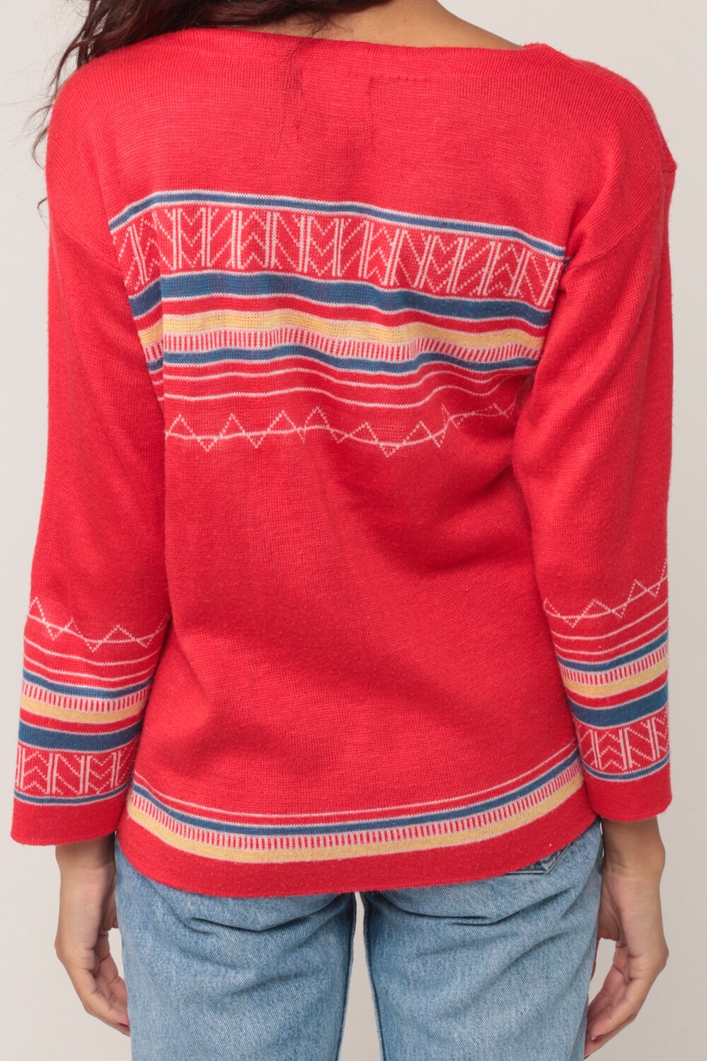 70s Red Striped Knit Sweater Pullover Geometric Small