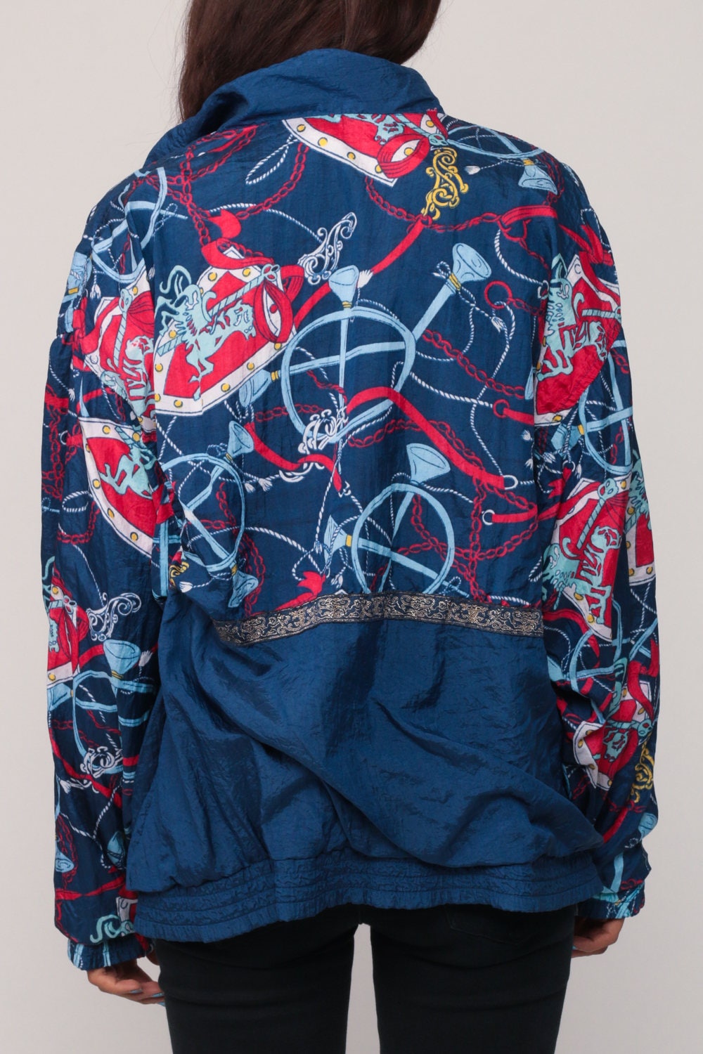 90s Carousel Horse Windbreaker Jacket Blue Nylon Track Coat Large