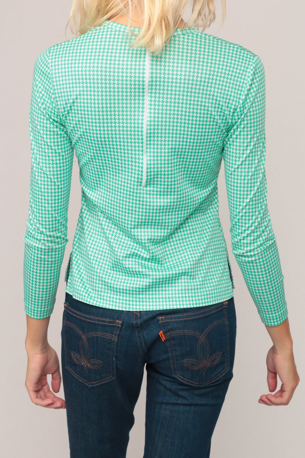 70s Green White Houndstooth V-Neck Long Sleeve Shirt Small Medium