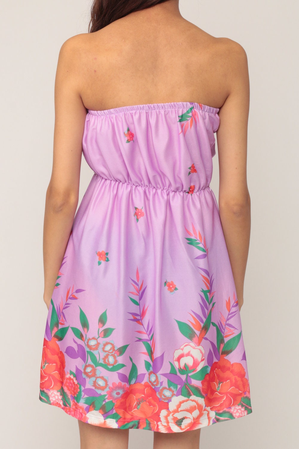 70s Floral Strapless Mini Dress Lavender Purple Smocked Small Medium