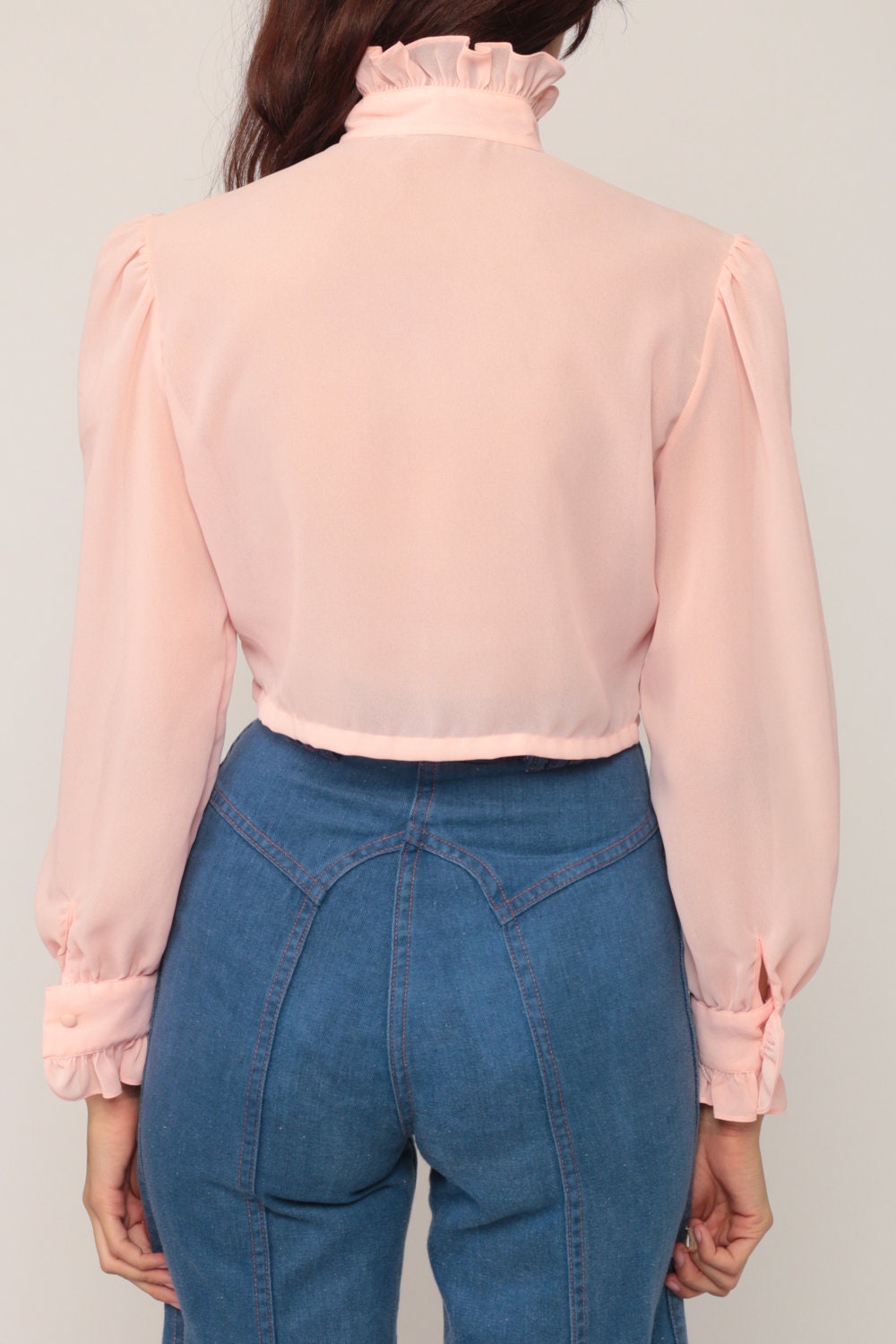 70s Baby Pink Tuxedo Blouse Crop Top Ruffle Sheer Long Sleeve Small