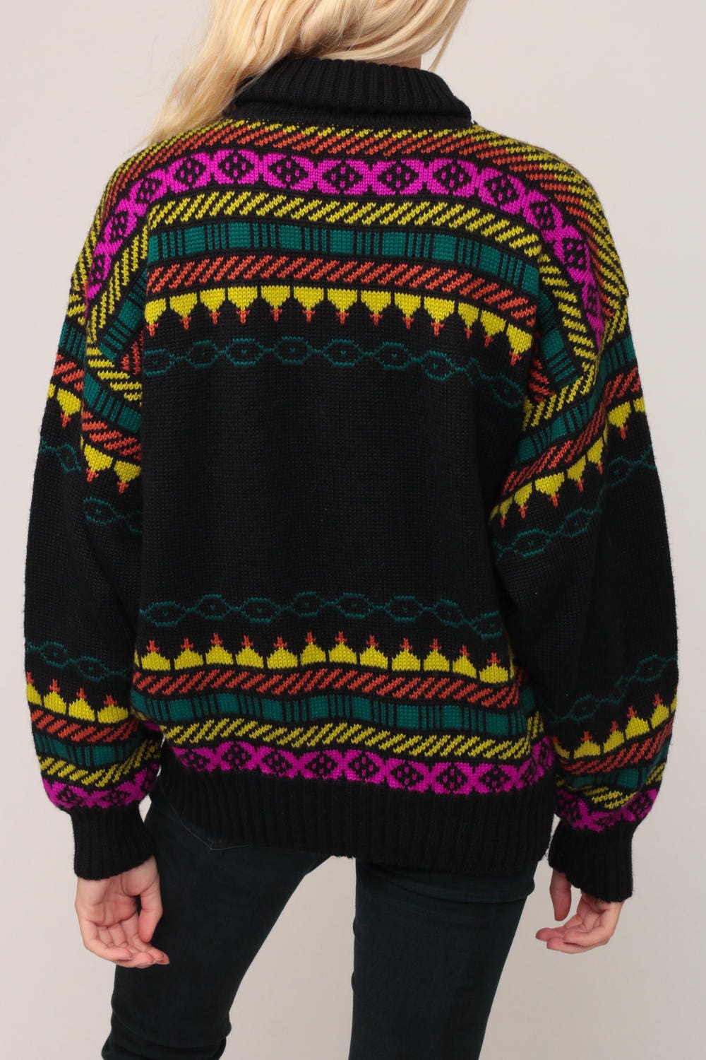 80s Floral Embroidered Funnel Neck Sweater Black Knit Plus Size XXL