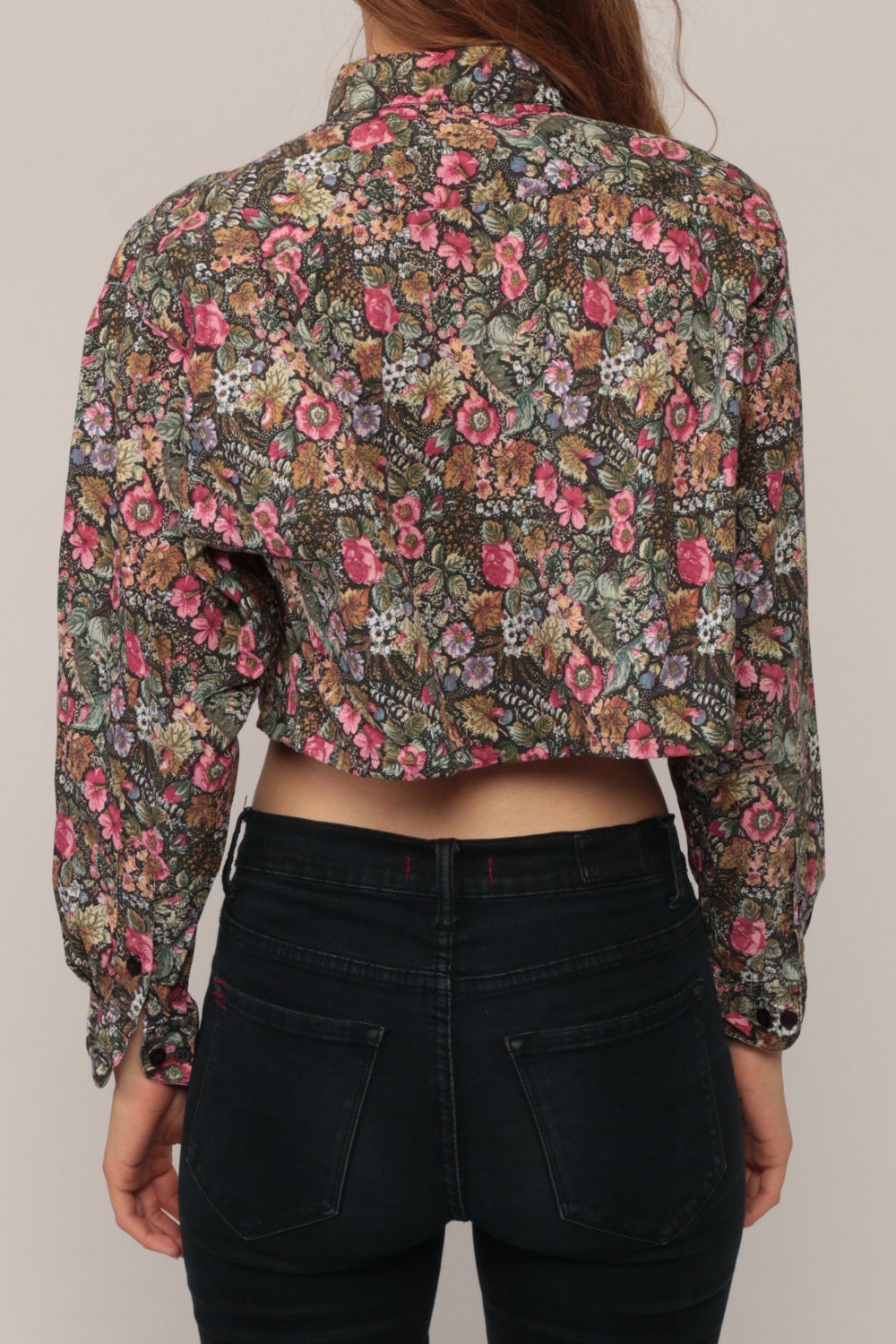 90s Floral Button-Up Crop Top Long Sleeve Blouse Black Pink Medium