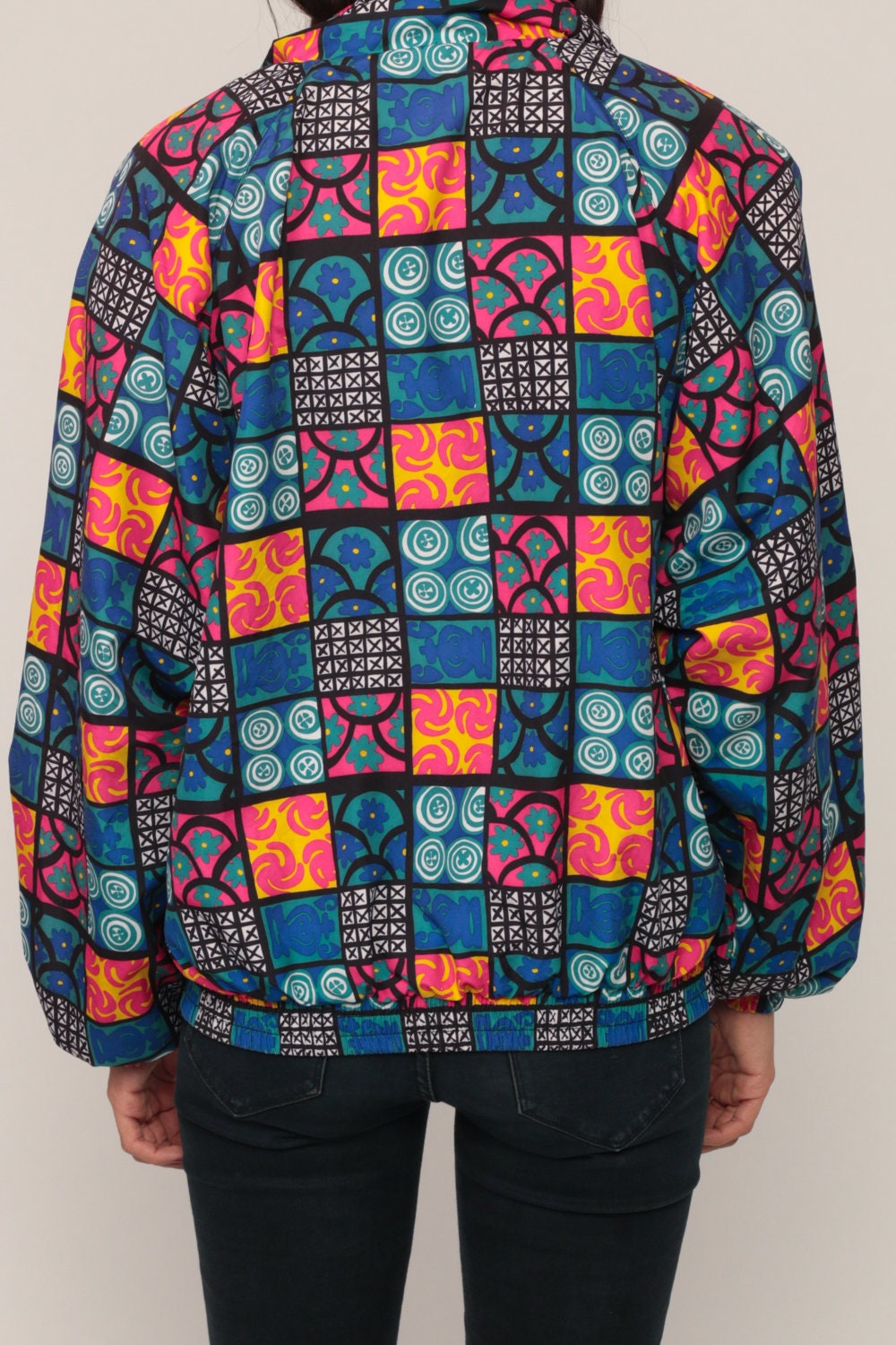 90s Geometric Floral Windbreaker Jacket Blue Pink XXL