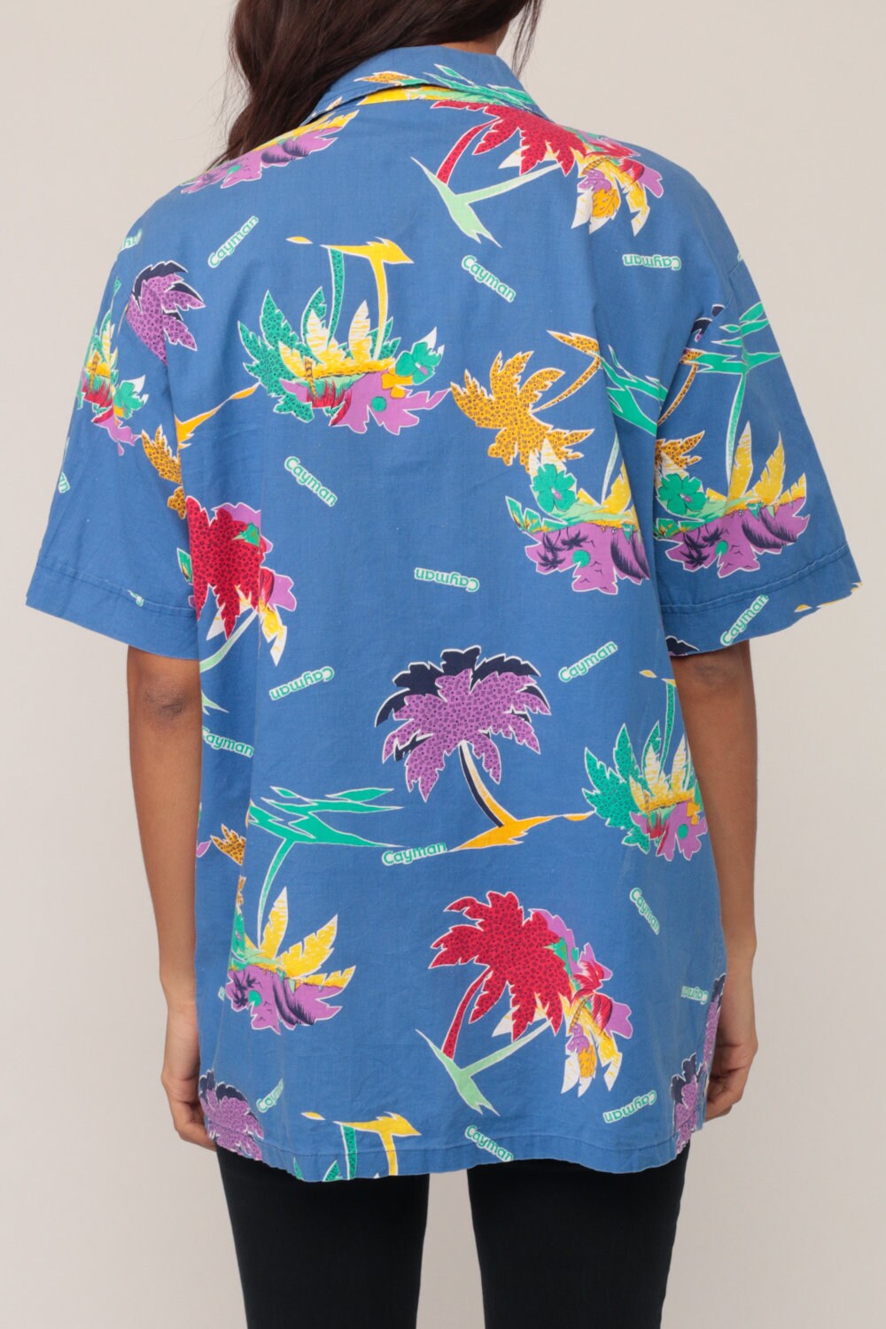 80s Cayman Islands Tropical Palm Tree Button-Up Shirt Blue Unisex Large