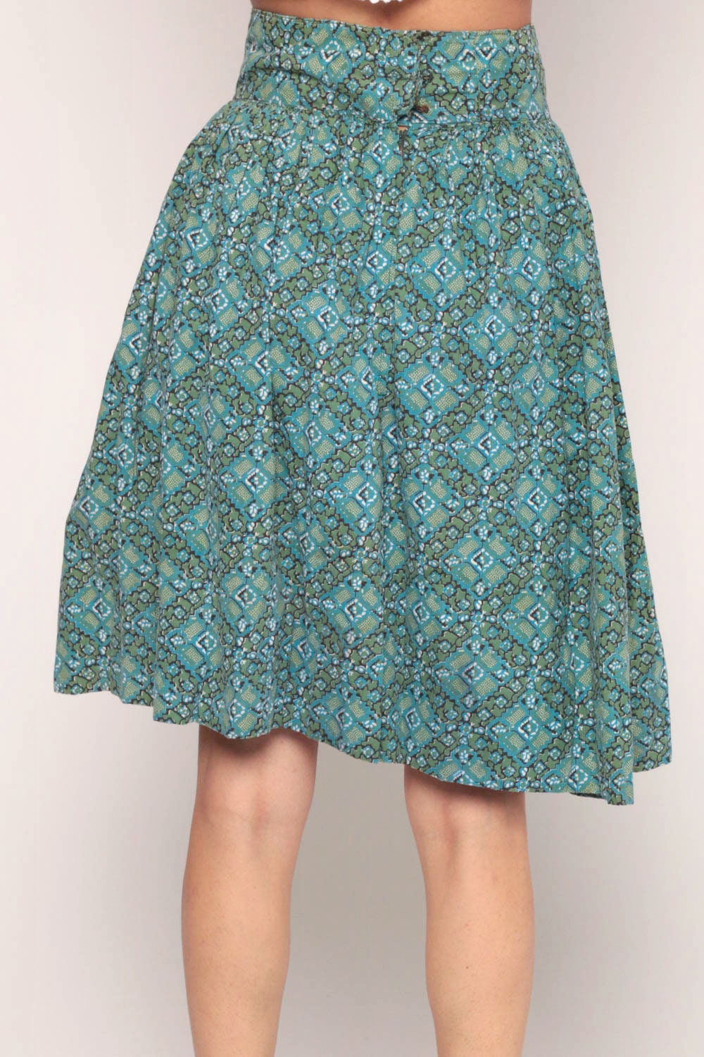 60s Circle Skirt High Waist Knee Length Green Blue Cotton Small