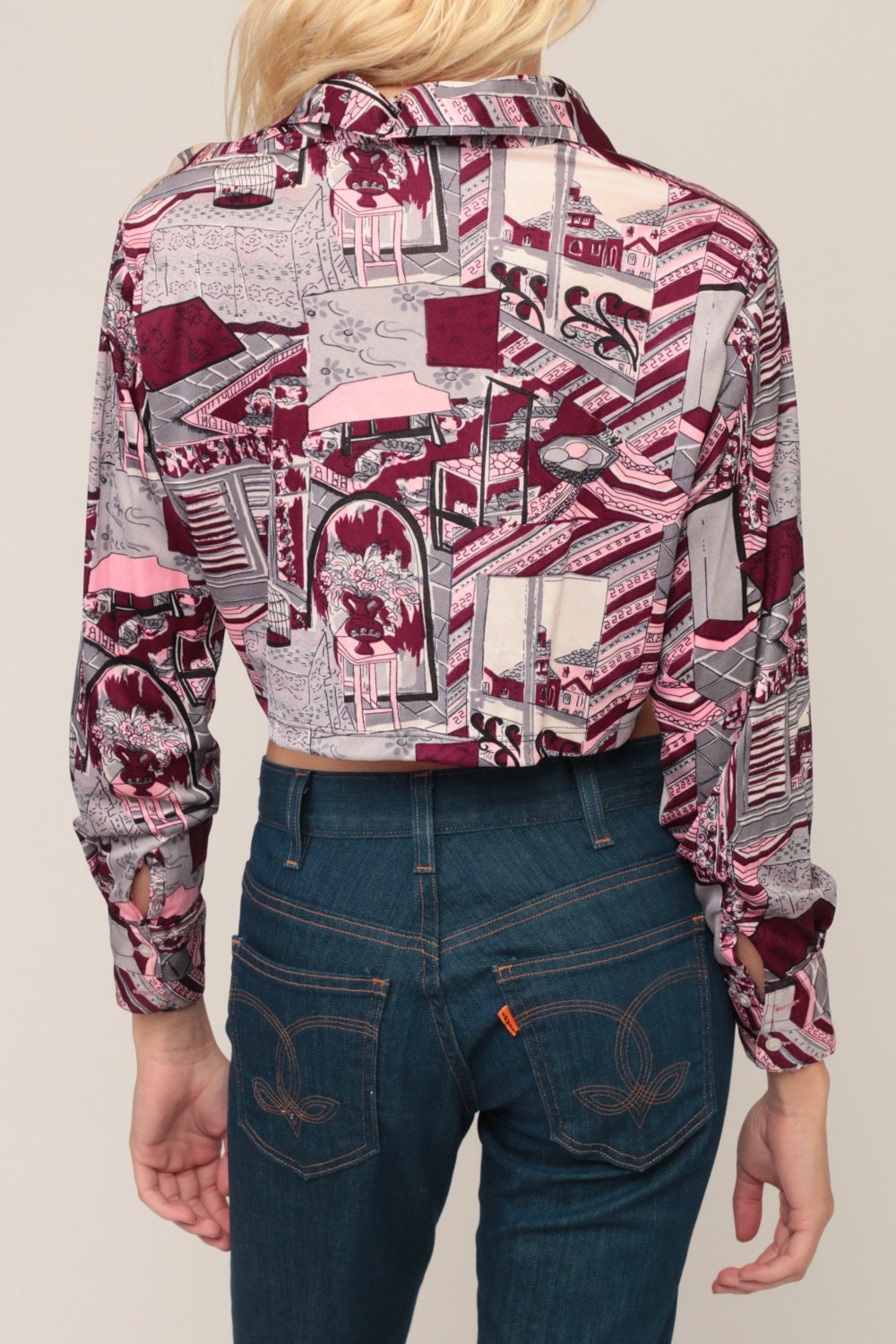 70s House Print Nylon Blouse Crop Top Burgundy Grey Long Sleeve Small