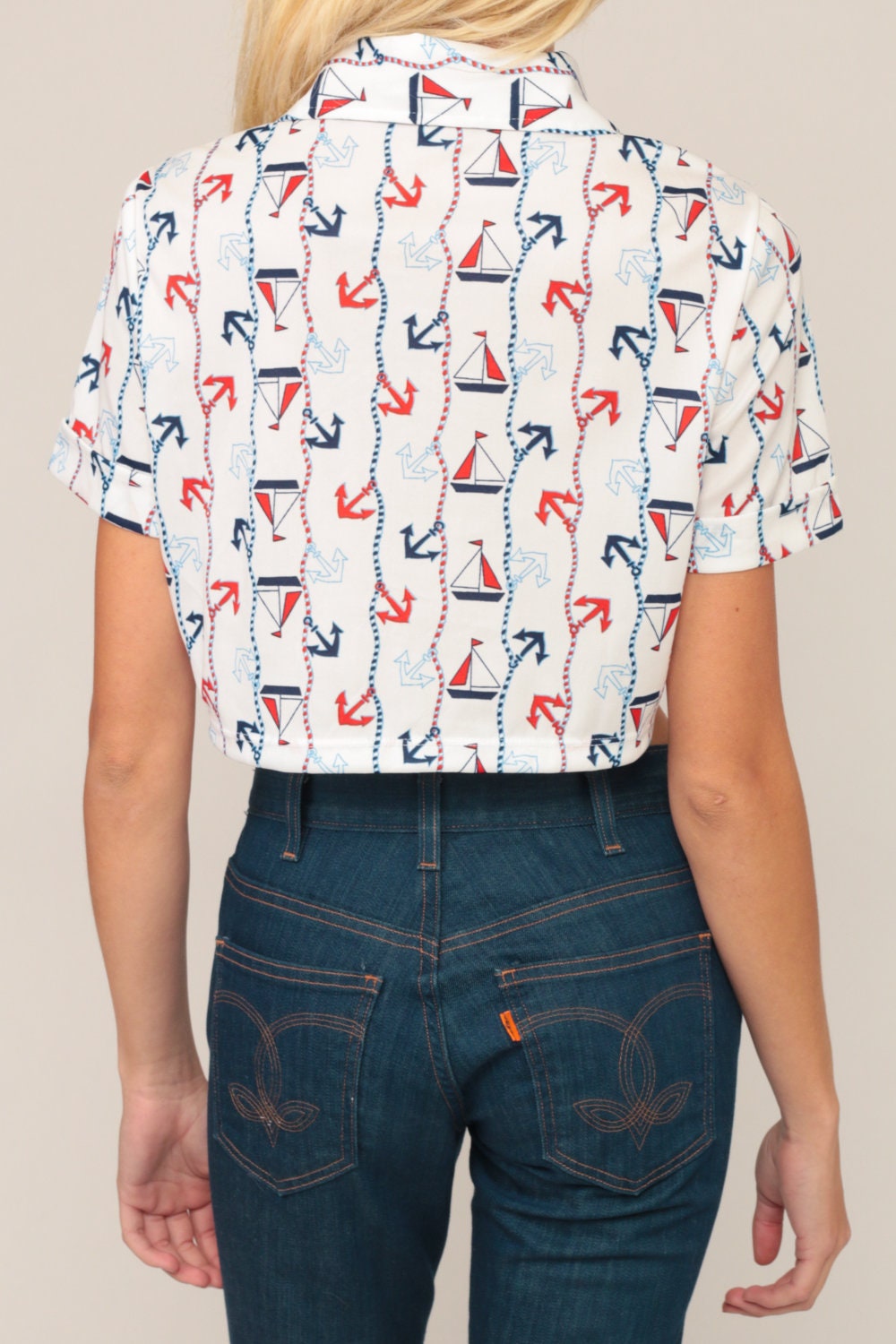 70s Nautical Crop Top White Sailboat Anchor Button-Up Blouse Small Medium