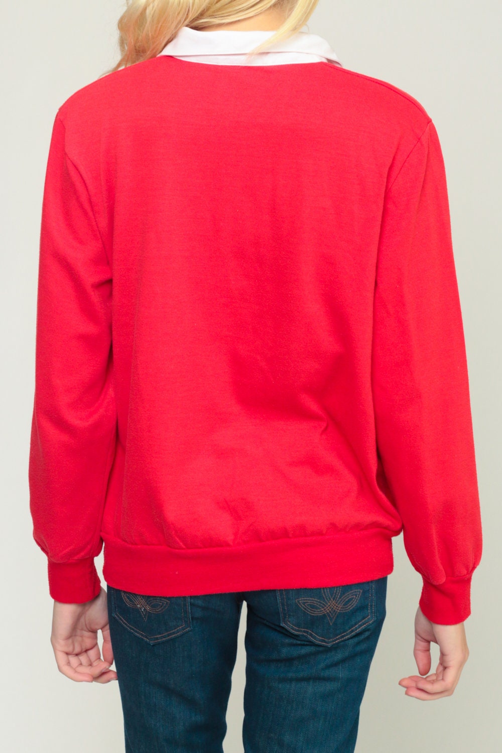 80s Polo Striped Sweatshirt Red White Blue Button Chest Extra Large