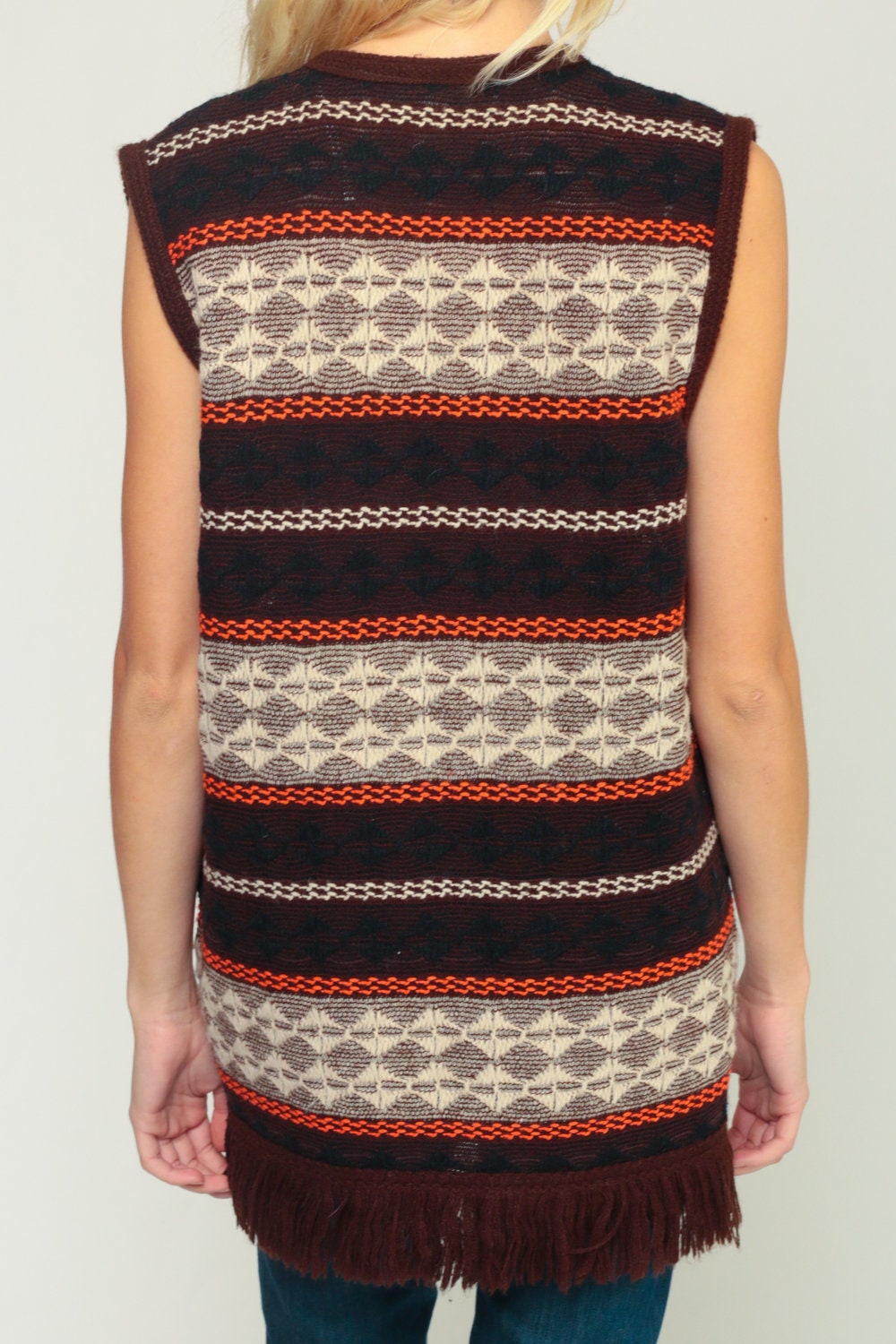 70s Tribal Print Fringe Knit Vest Brown Sleeveless Large