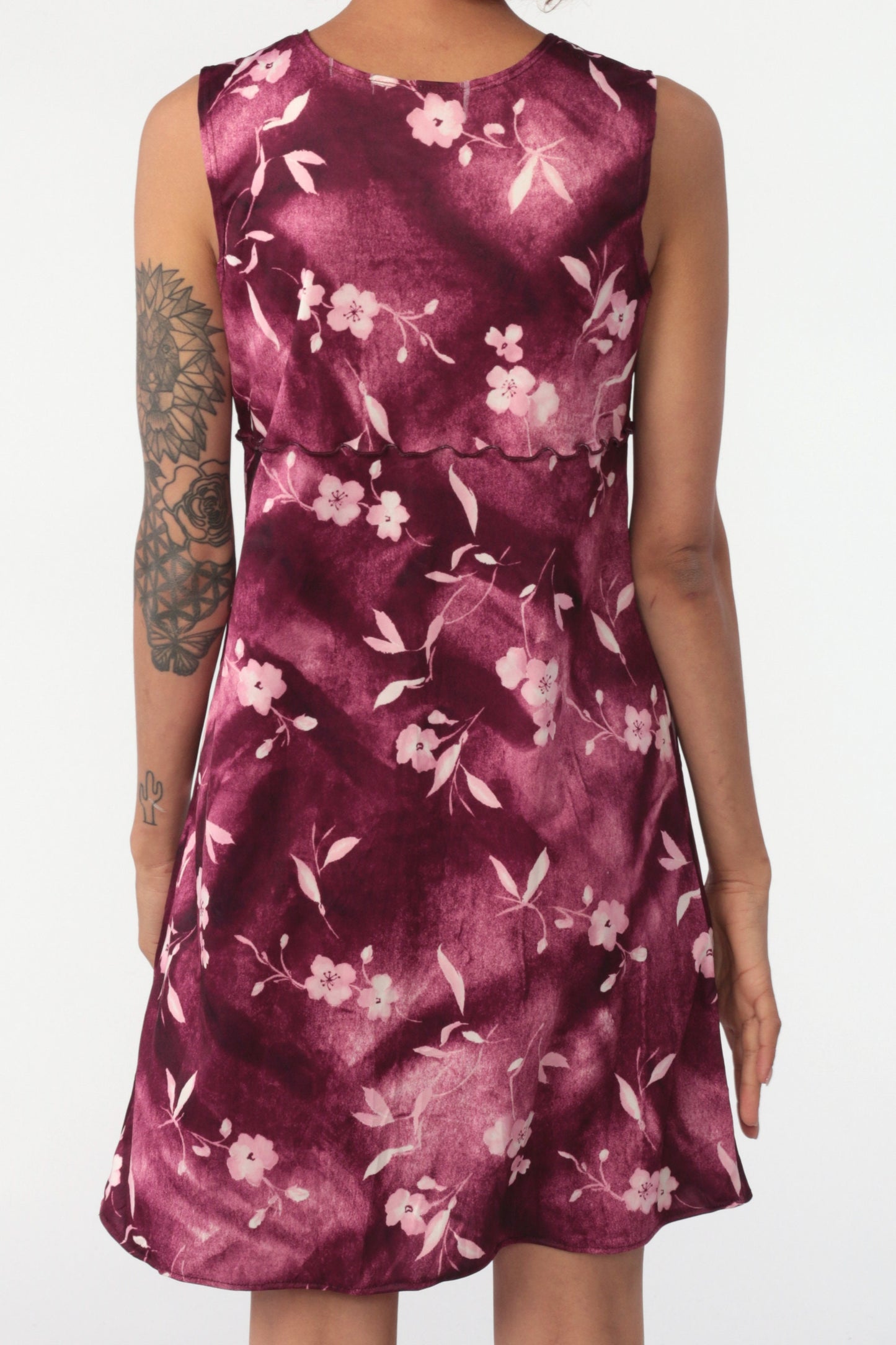 90s Floral Mini Dress Purple White Lettuce Edge Sleeveless Sheath Small