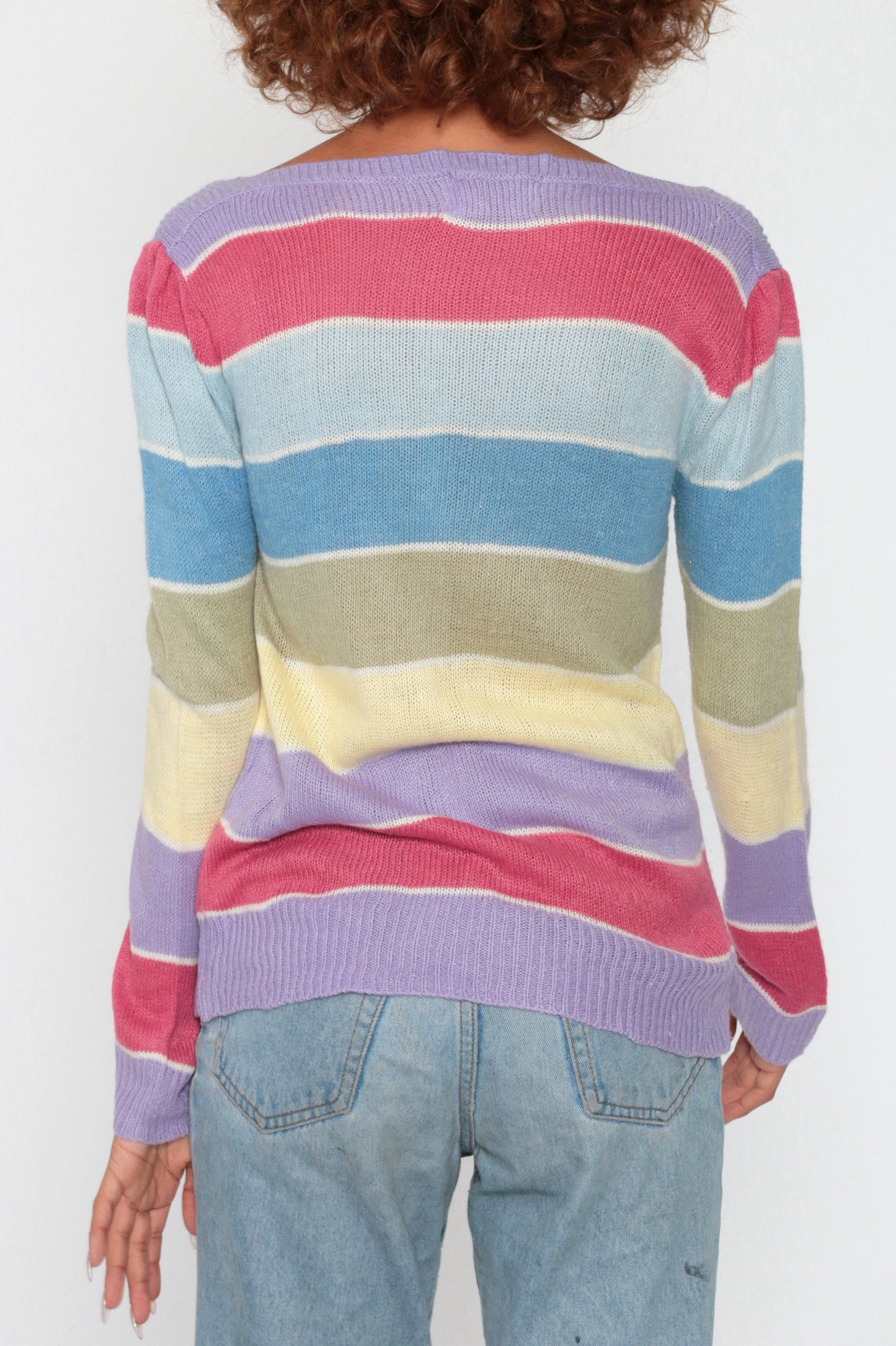 80s Pastel Striped Boatneck Sweater Puff Sleeve Knit Pullover Small