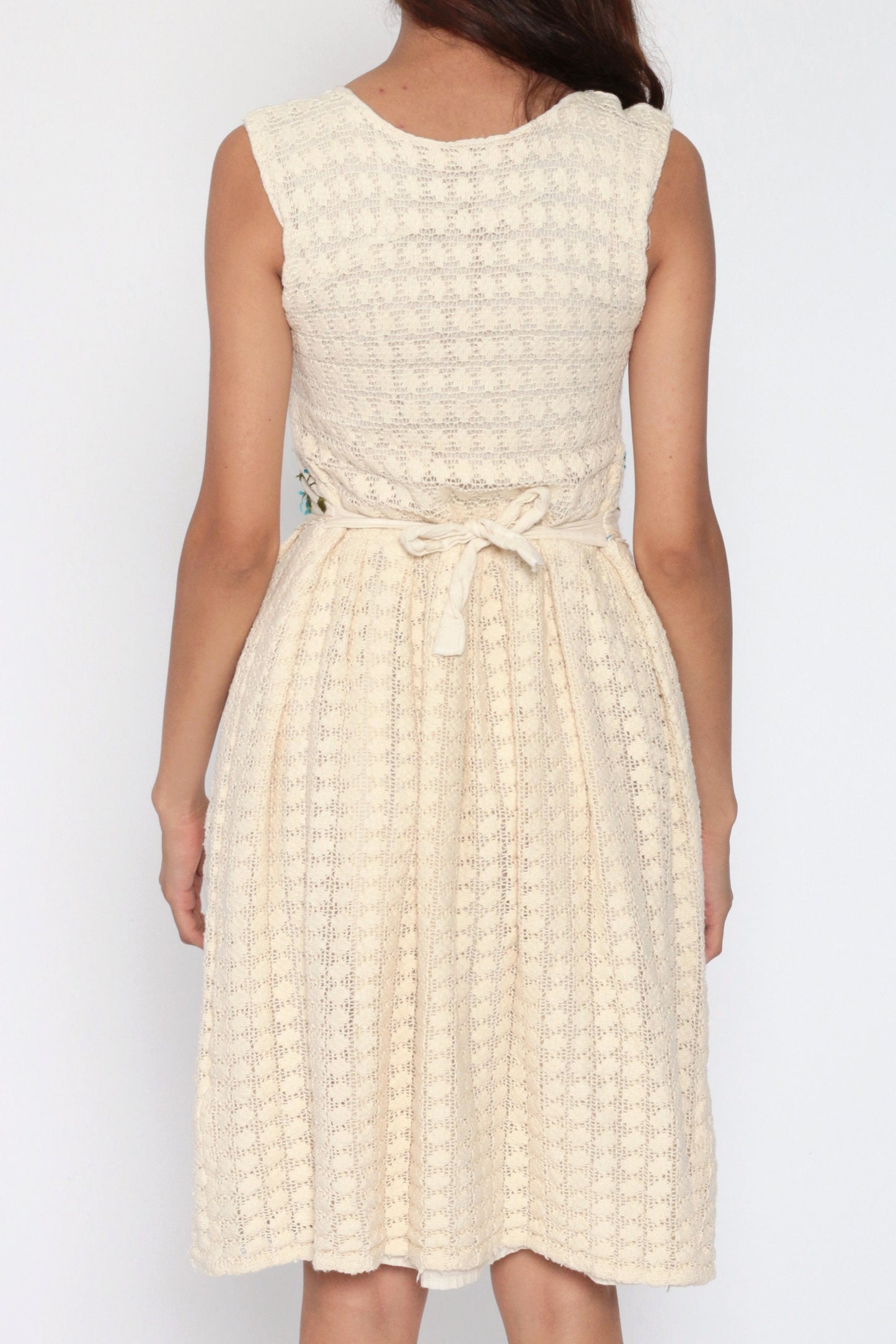 Vintage Mexican Crochet Lace Mini Dress Cream Cotton Floral Embroidered Extra Small