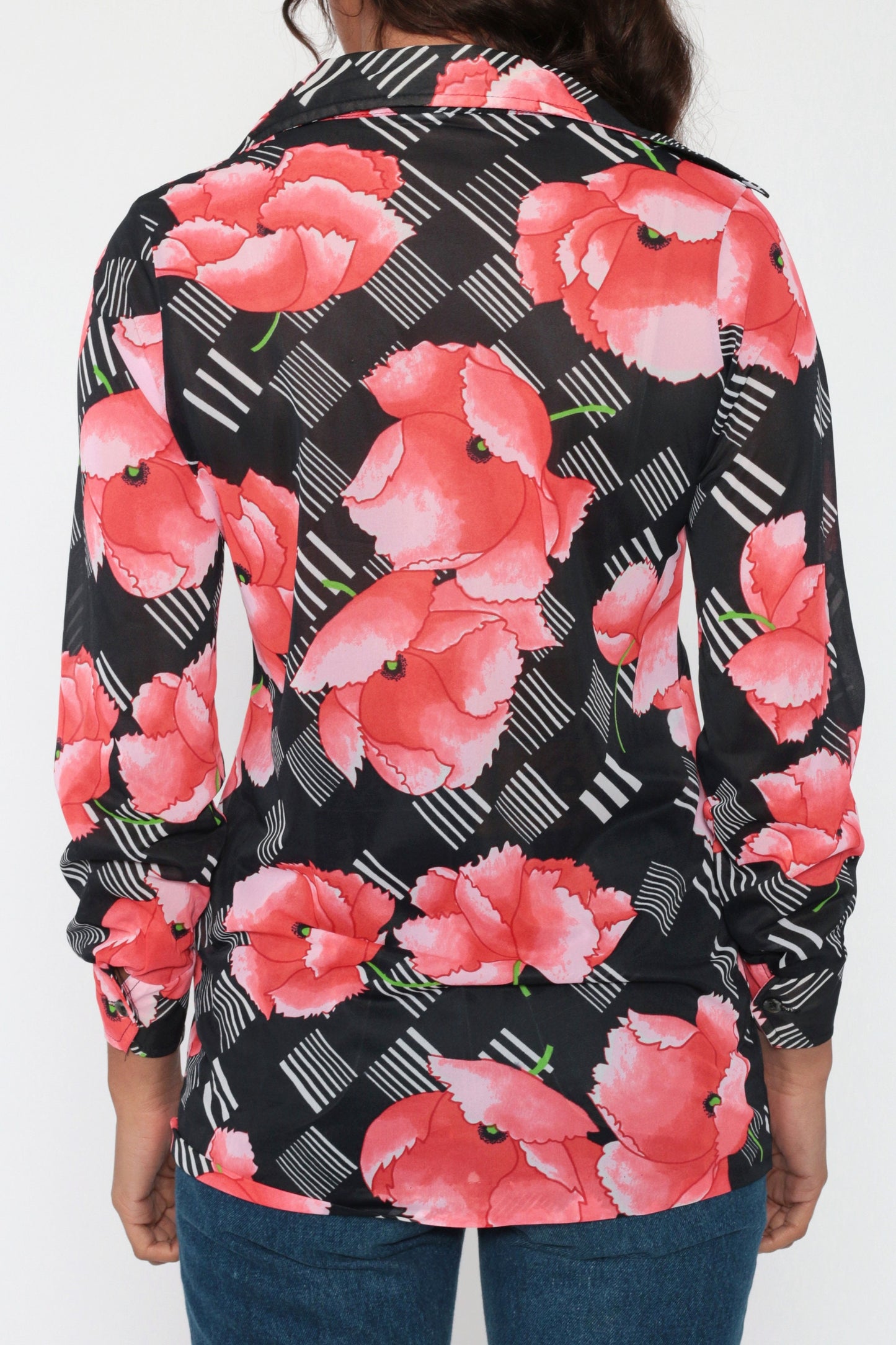 70s Jantzen Sheer Floral Poppy Blouse Black Pink Button Up Long Sleeve Small