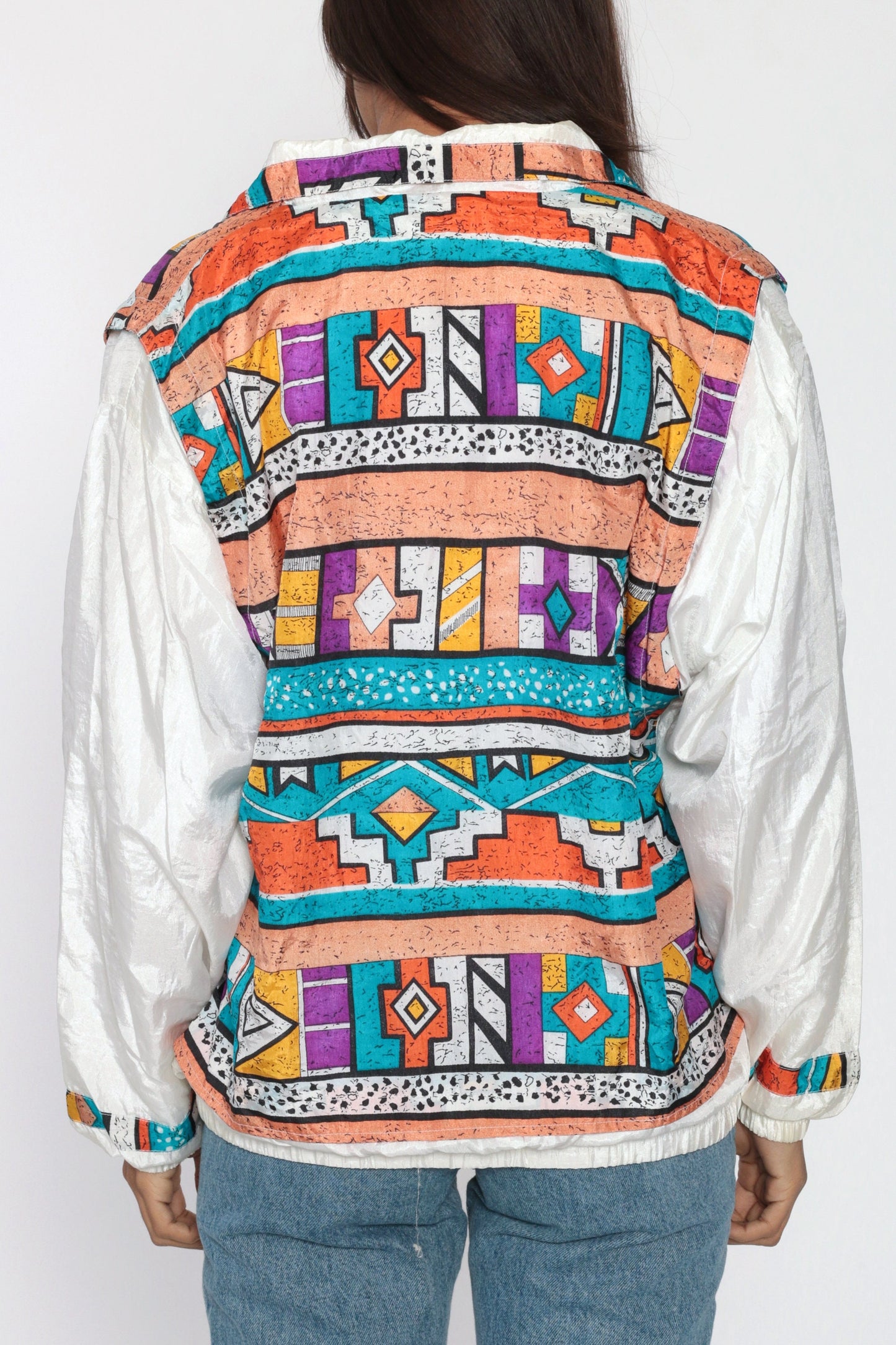 90s Tribal Geometric Windbreaker Jacket White Southwestern Nylon Medium Large