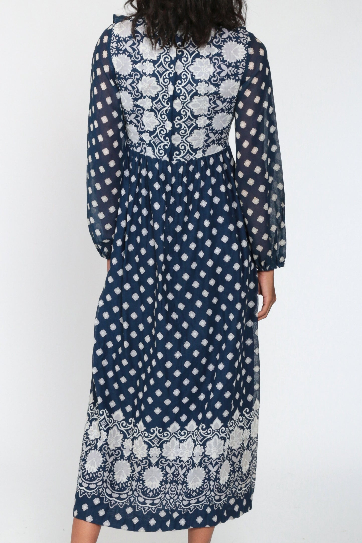 70s Navy Floral Maxi Dress Ruffled Bib High Waist Sheer Sleeves Small
