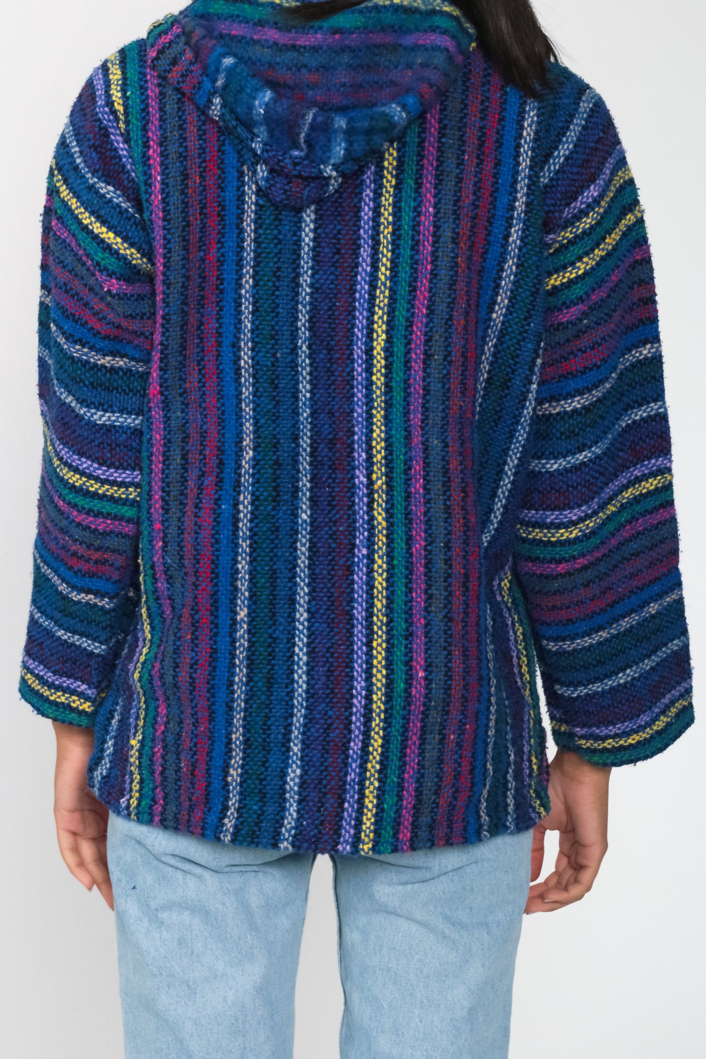 90s Neon Rainbow Mexican Drug Rug Baja Hoodie Blue Kangaroo Pocket Medium