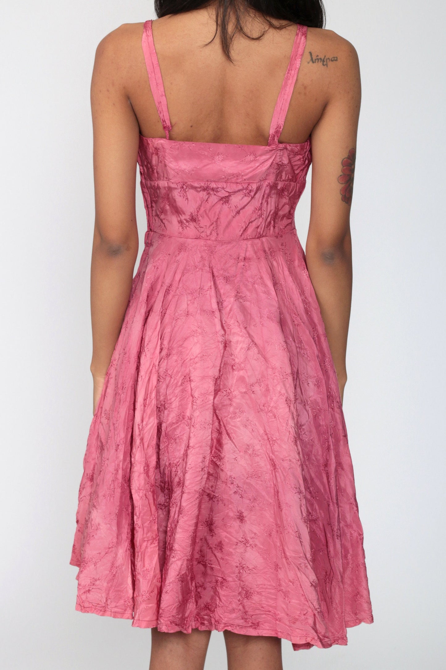 1950s Pink Floral Embroidered Midi Dress Spaghetti Strap High Waist Extra Small