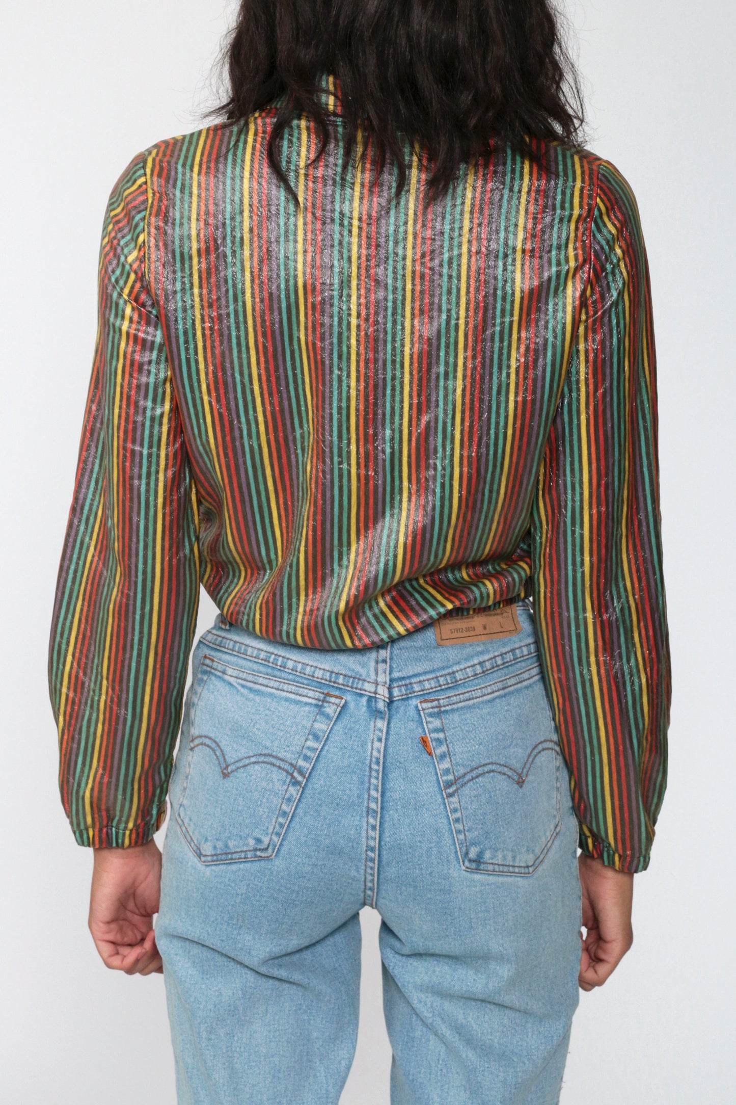 90s Rainbow Striped Cropped Windbreaker Jacket Black Zip-Up Extra Small XS