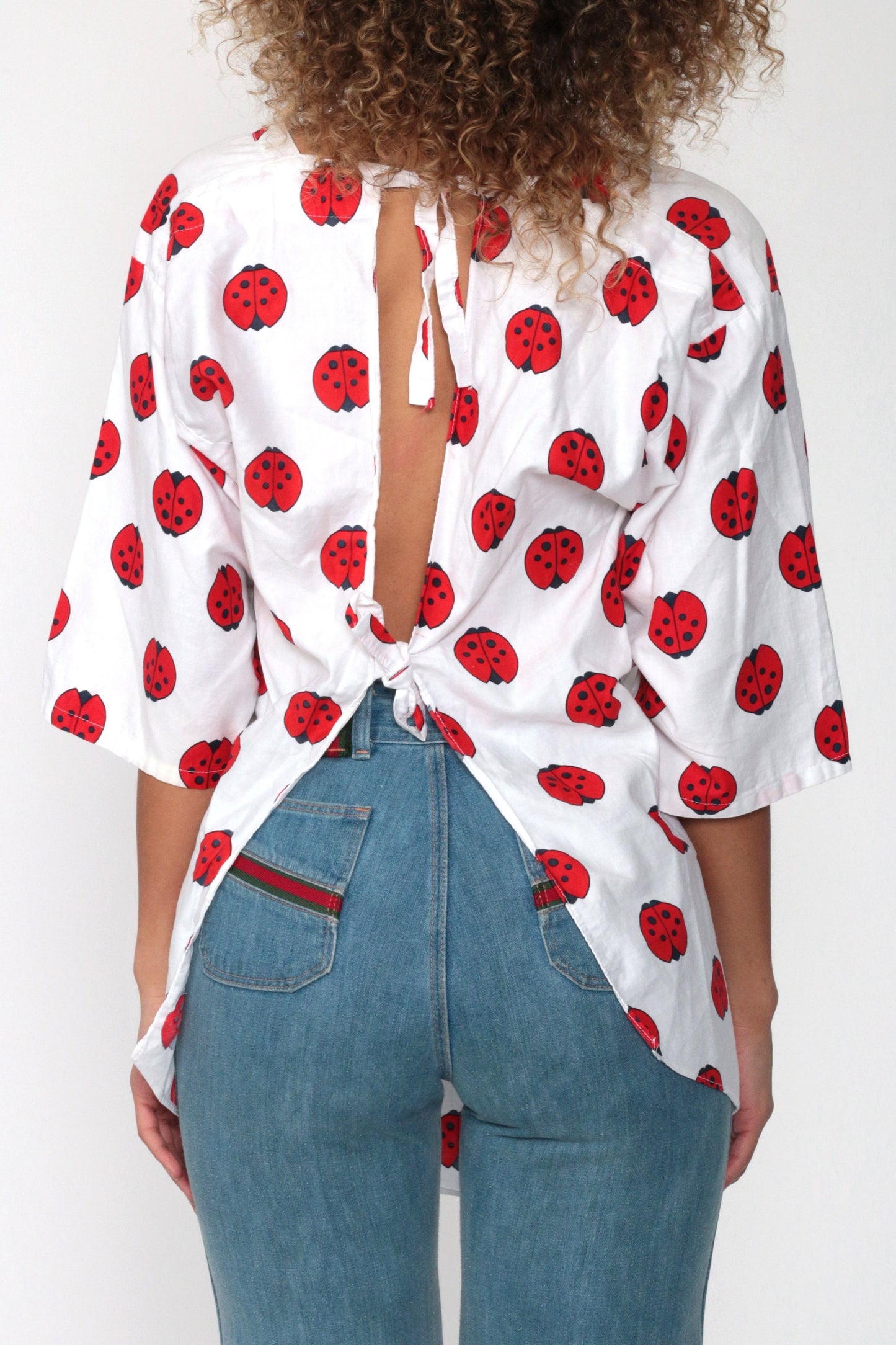 70s Ladybug Print Tunic Blouse Open Back 3/4 Sleeve Extra Small