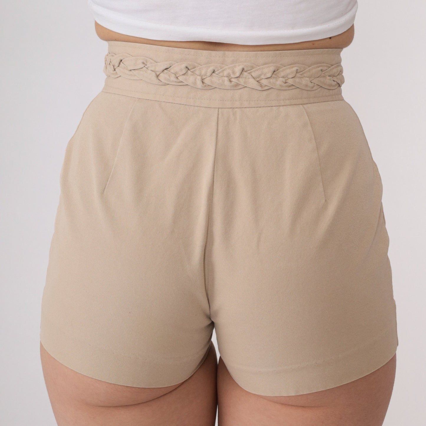 80s Beige Cargo Shorts High Waisted Braided Buckle XXS