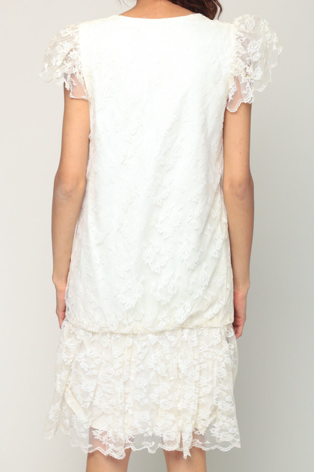 80s White Lace Mini Dress Puff Sleeve Drop Waist Party Gown Extra Small