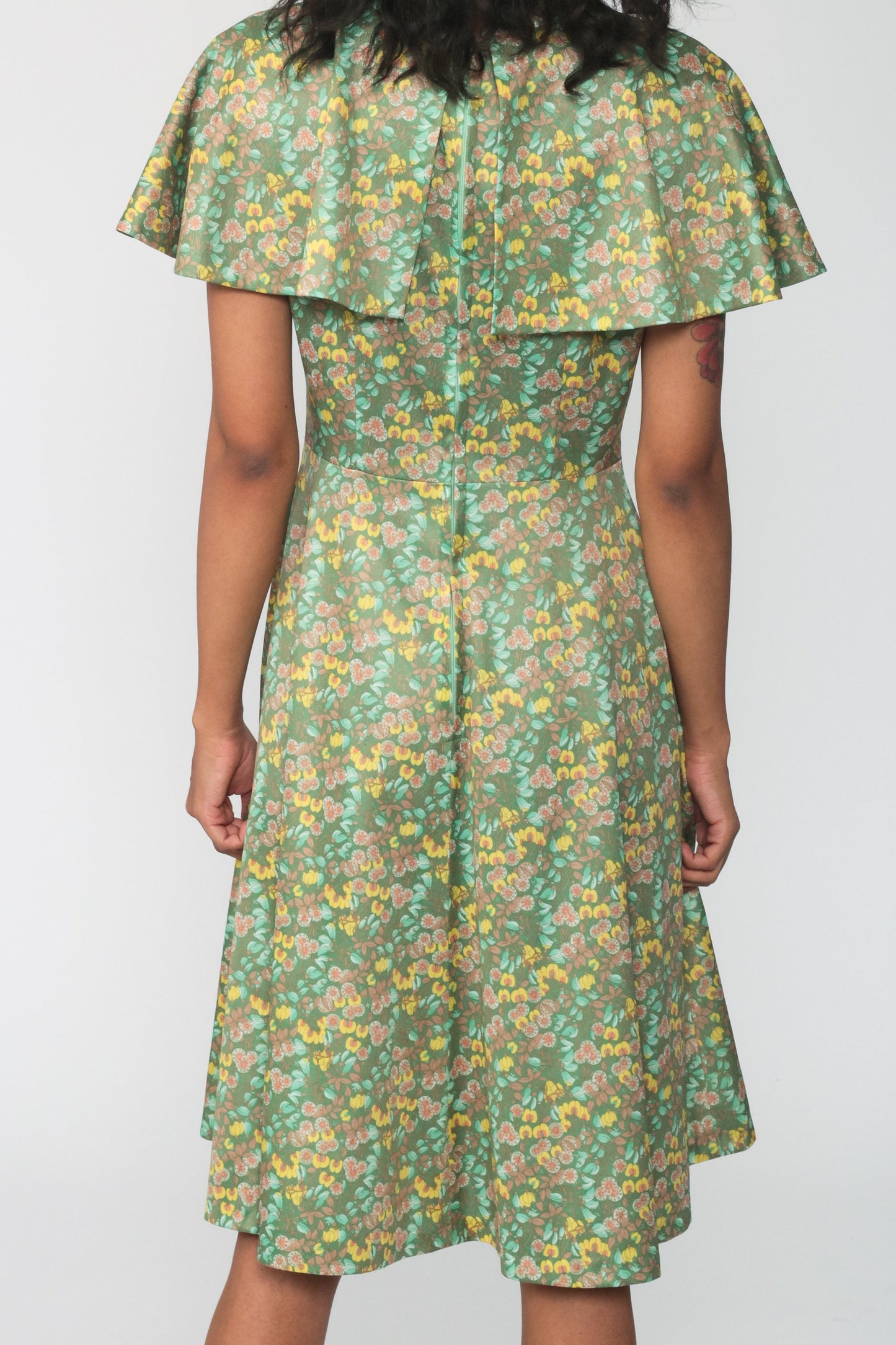 70s Green Floral Midi Dress Capelet High Waist Sleeveless Small