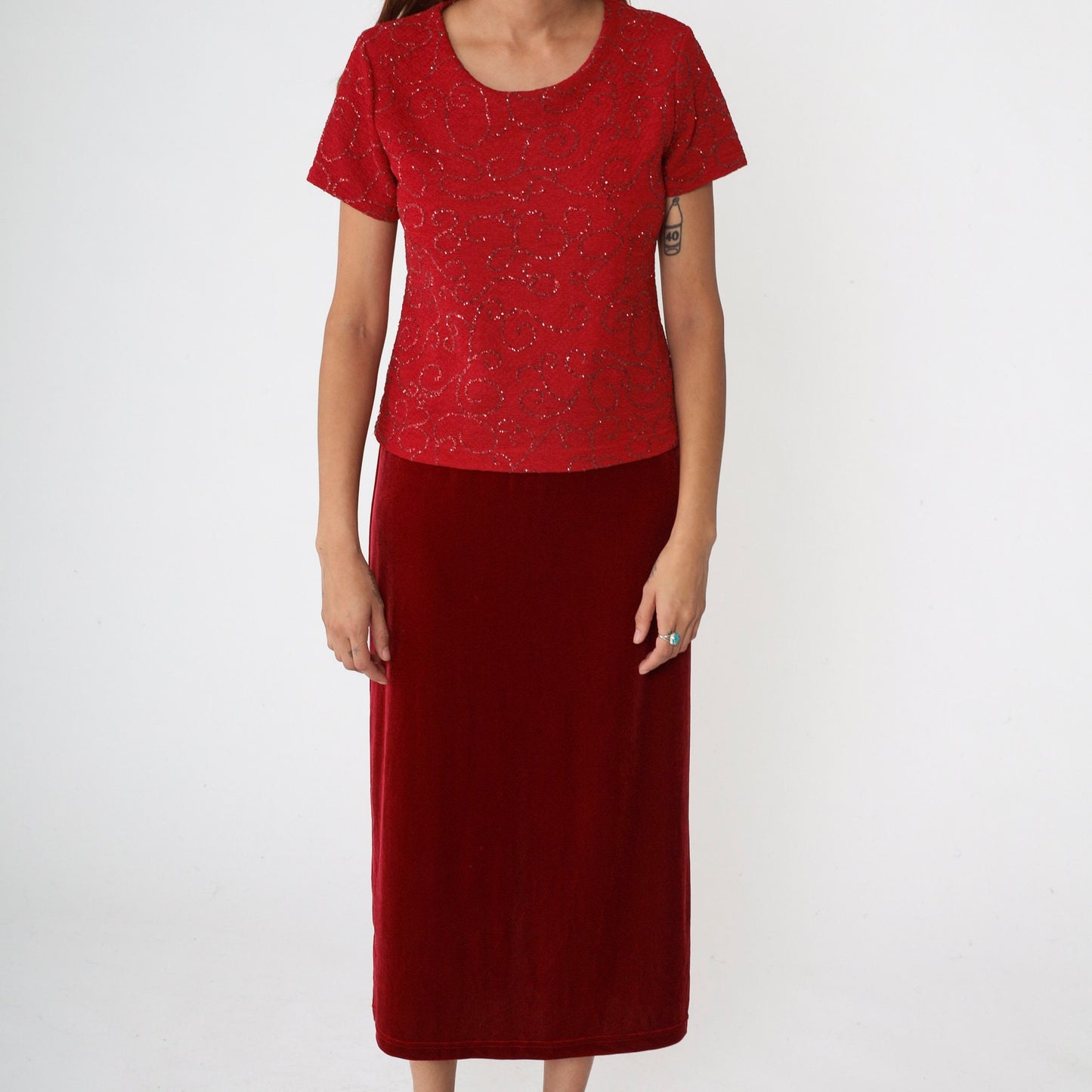 90s Kathie Lee Red Velvet Midi Dress Glitter Bodice Drop Waist Small