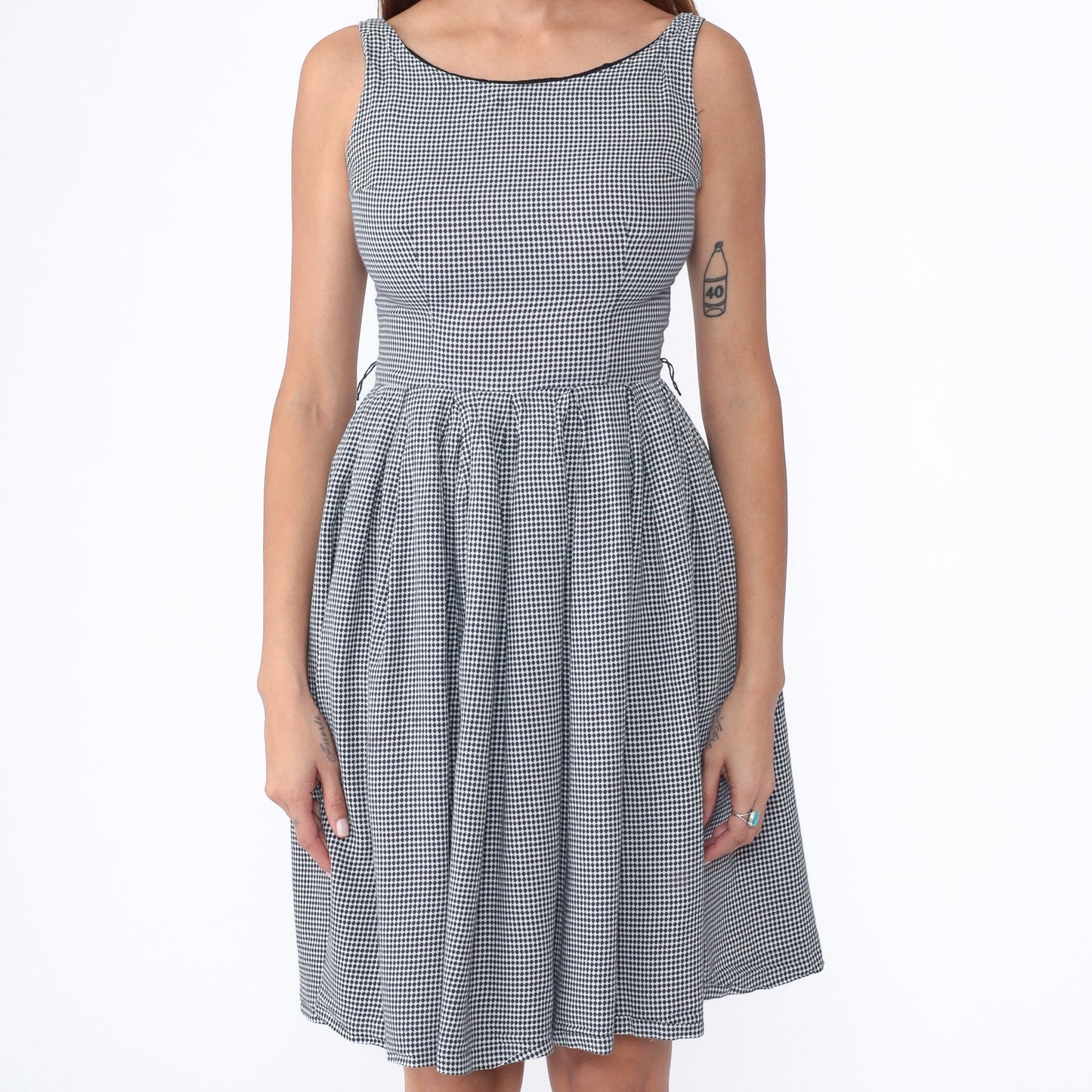 60s Navy White Checkered Mini Dress Pleated High Waist Sleeveless Small