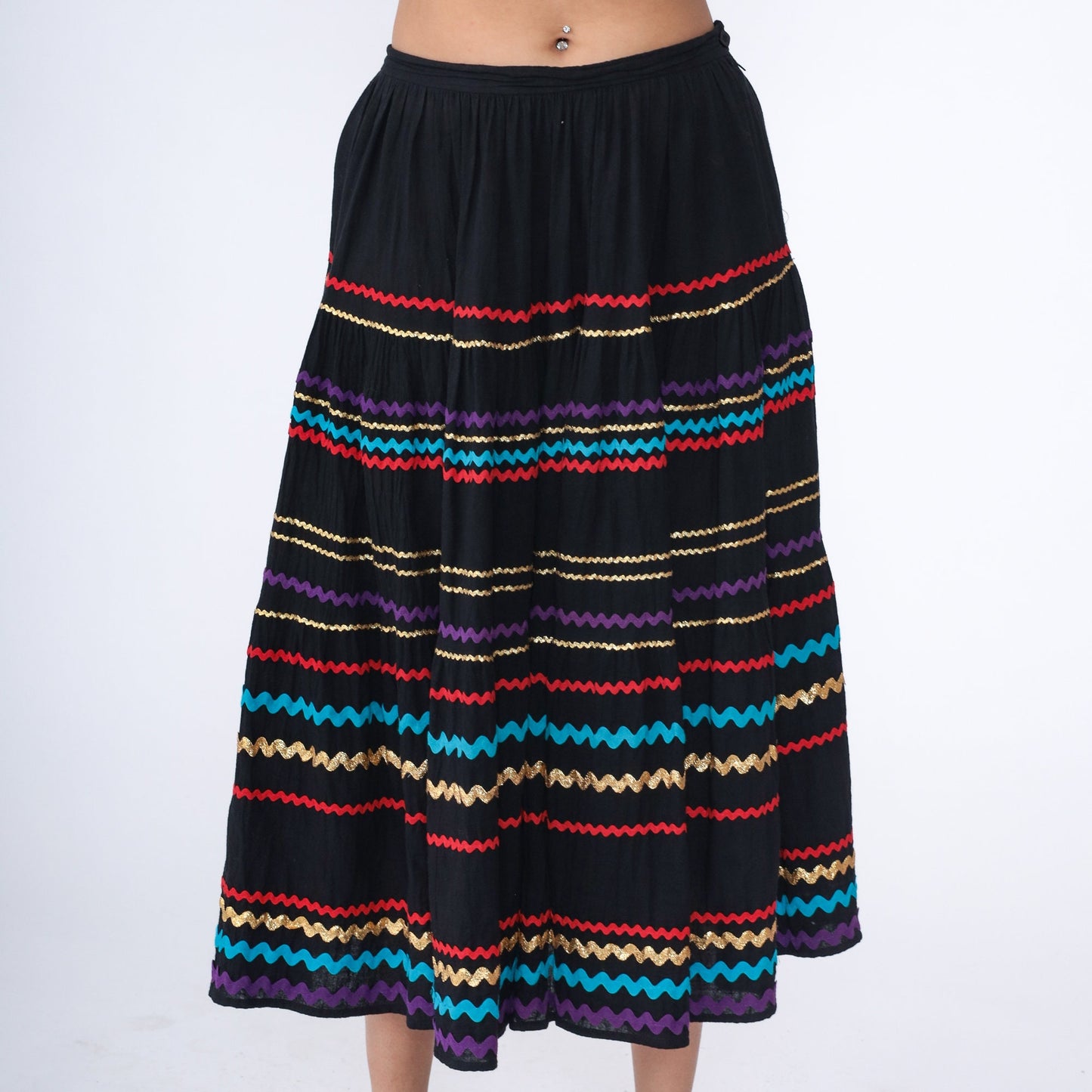 80s Goldwater's Midi Skirt Black Cotton Ric-Rac Striped High Waist Medium