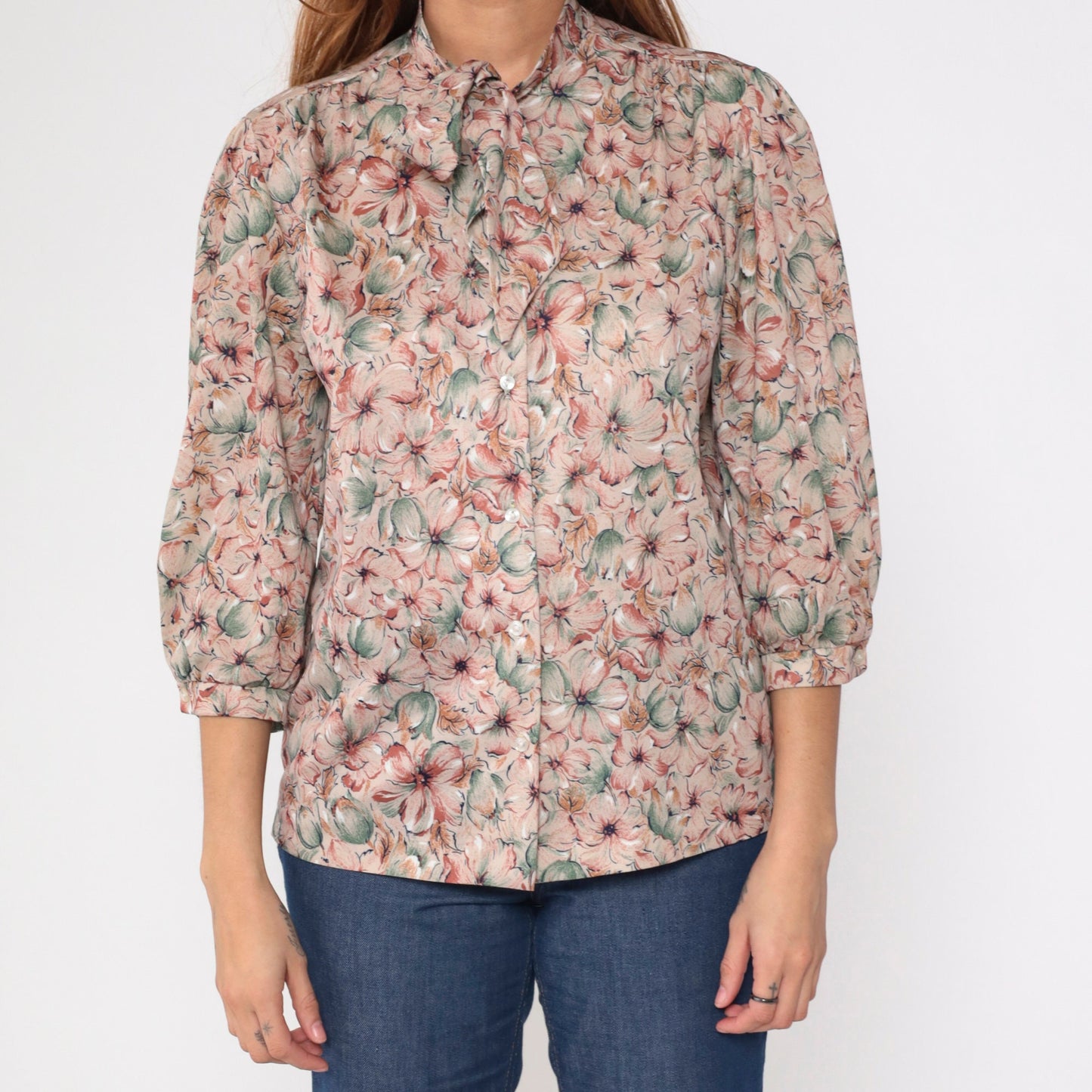 70s Floral Ascot Blouse with 3/4 Puff Sleeves Button-Up Medium