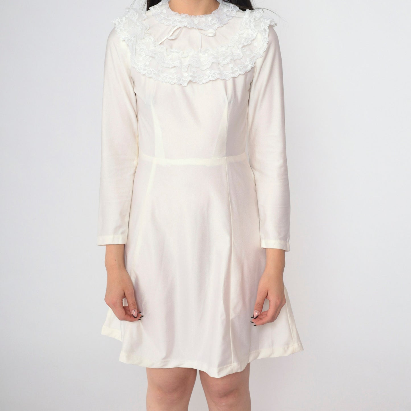 70s White Lace Dress Ruffled Collar Long Sleeve High Waist Mini Extra Small