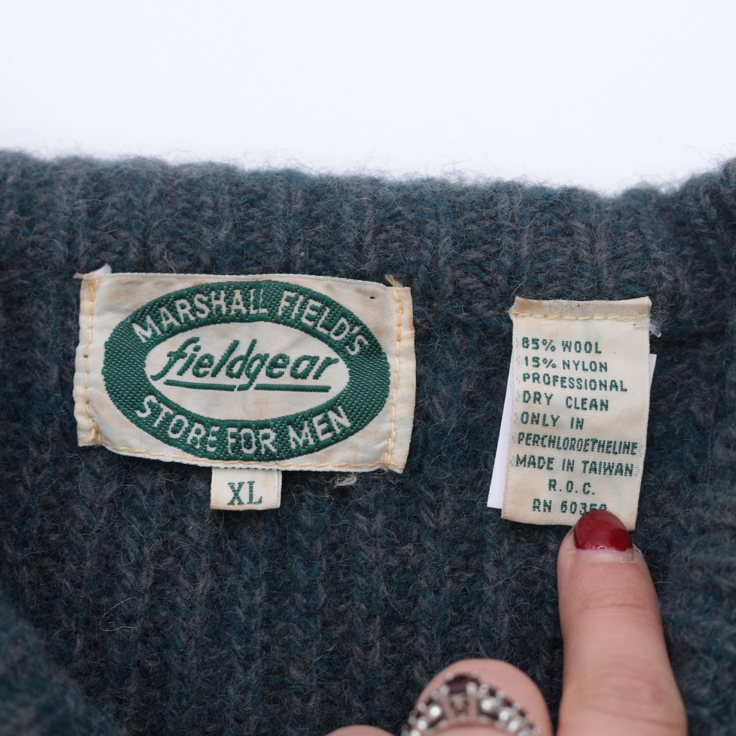 80s Fieldgear Wool Sweater Dark Teal Horizontal Stripe Ribbed Knit Extra Large XL