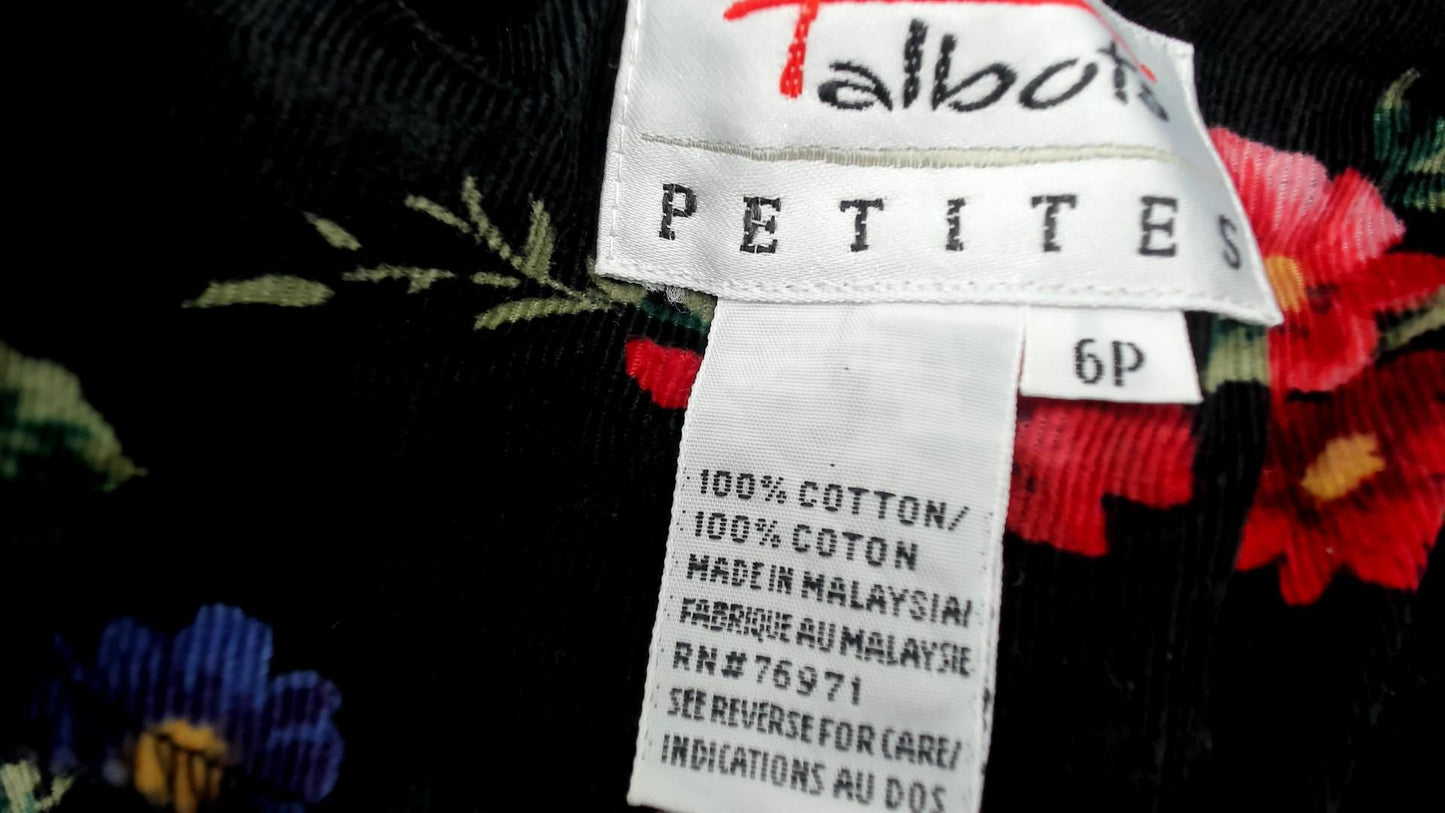 90s Talbots Floral Corduroy Midi Dress Black Button Front Long Sleeve Medium