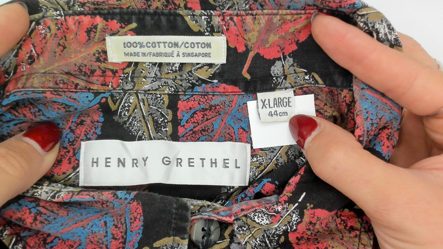 90s Henry Grethel Black Leaf Print Button-Up Shirt Cotton Extra Large