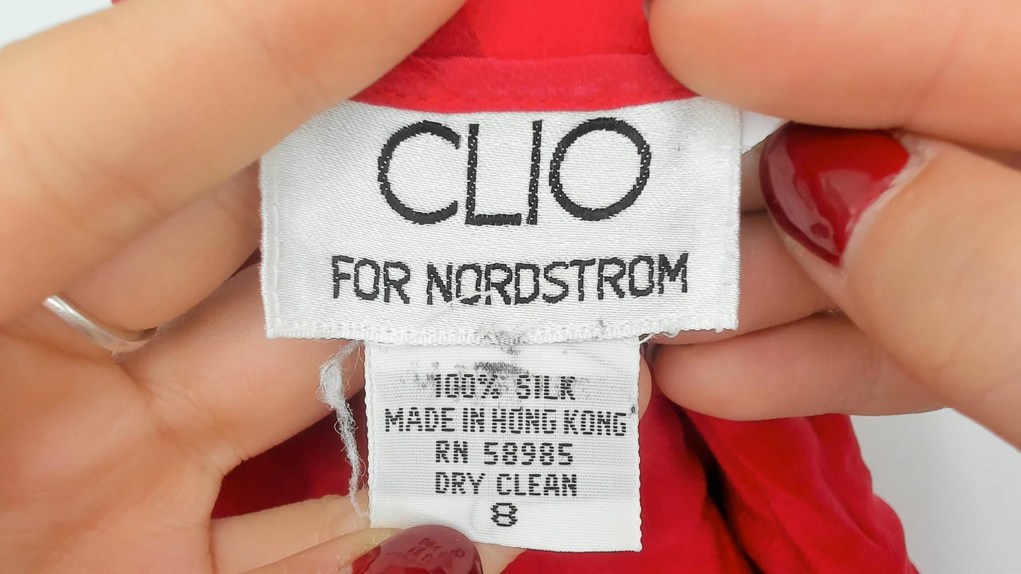 90s Clio Red Silk Blouse Keyhole Back Button Cuff Medium M