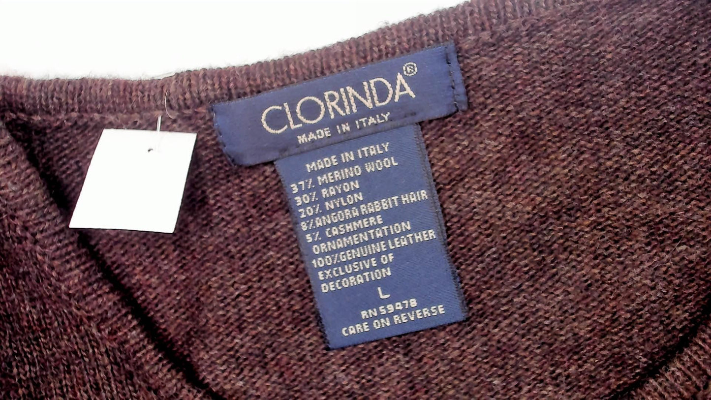 Y2K Brown Merino Wool V-Neck Sweater Lace-Up Embroidered Tie Front Large L