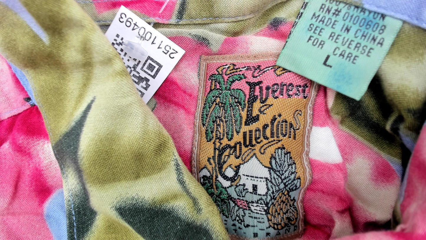 Y2K Floral Hawaiian Shirt Light Blue Pink Tropical Button-Up Large L