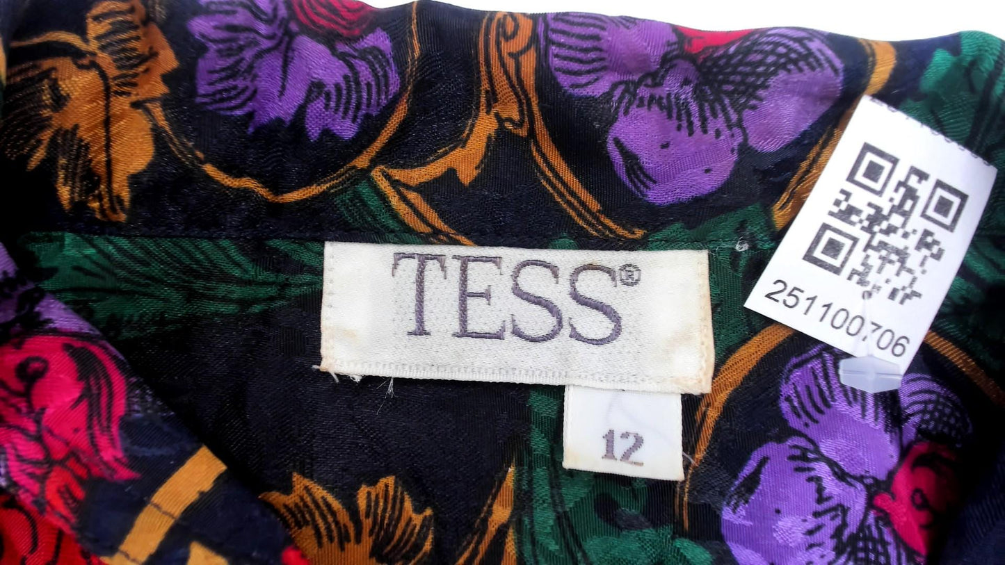 90s Tess Baroque Print Blouse Navy Gold Medallion Long Sleeve Large L