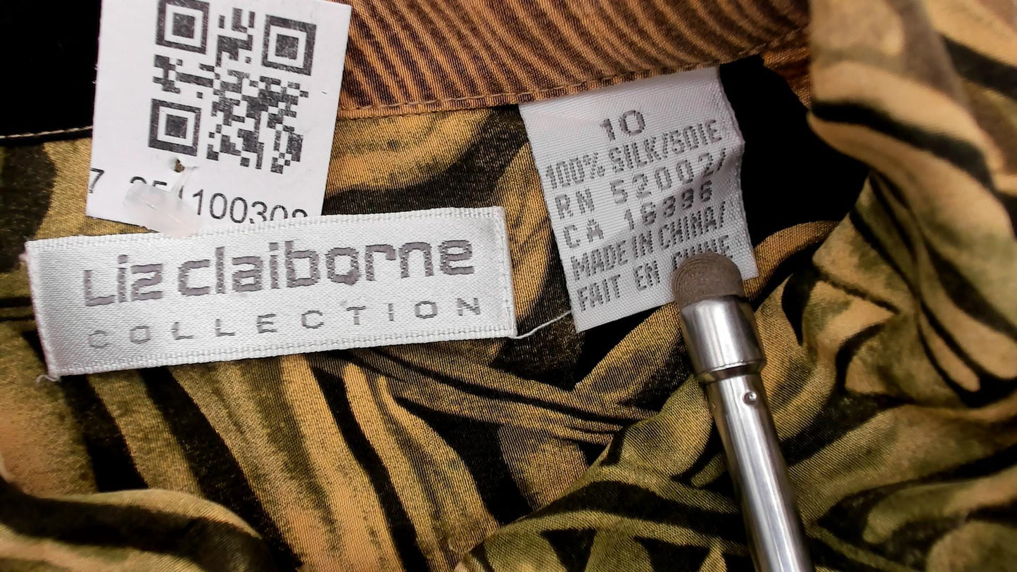 90s Liz Claiborne Silk Blouse Tropical Leaf Print Black Brown Gold Medium