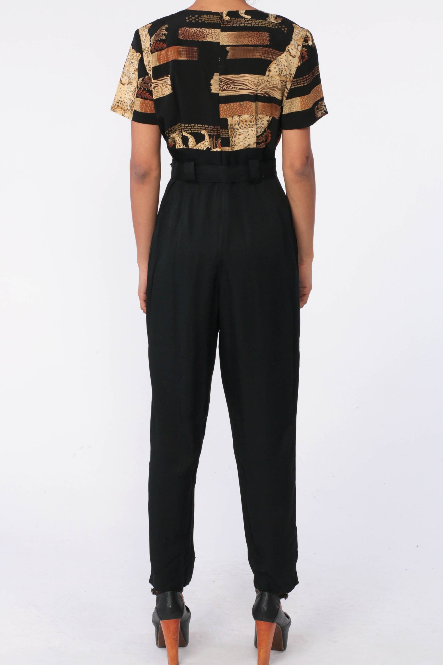 80s Animal Print Jumpsuit Black Belted High Waisted Tapered Medium 8